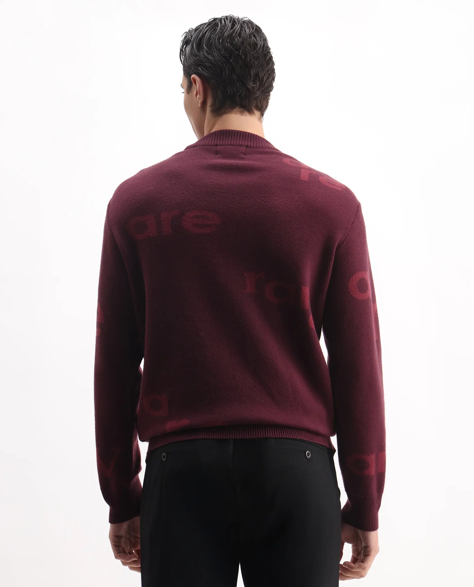 Rare Rabbit Men's Chet Dark Maroon Viscose Monogram Print Regular Fit Full Sleeve Crew Neck Sweater