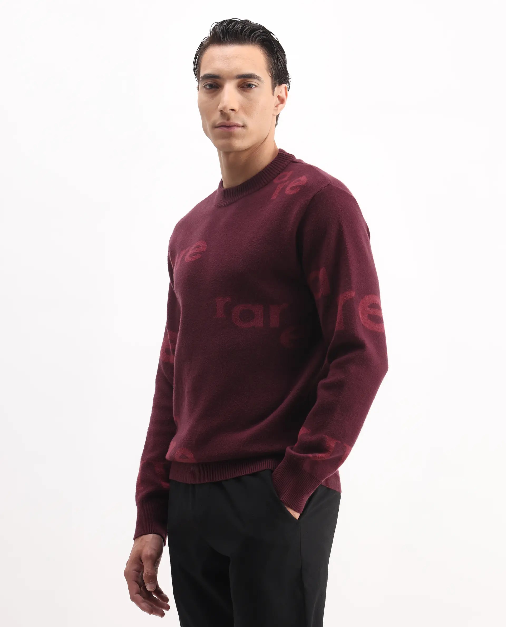 Rare Rabbit Men's Chet Dark Maroon Viscose Monogram Print Regular Fit Full Sleeve Crew Neck Sweater