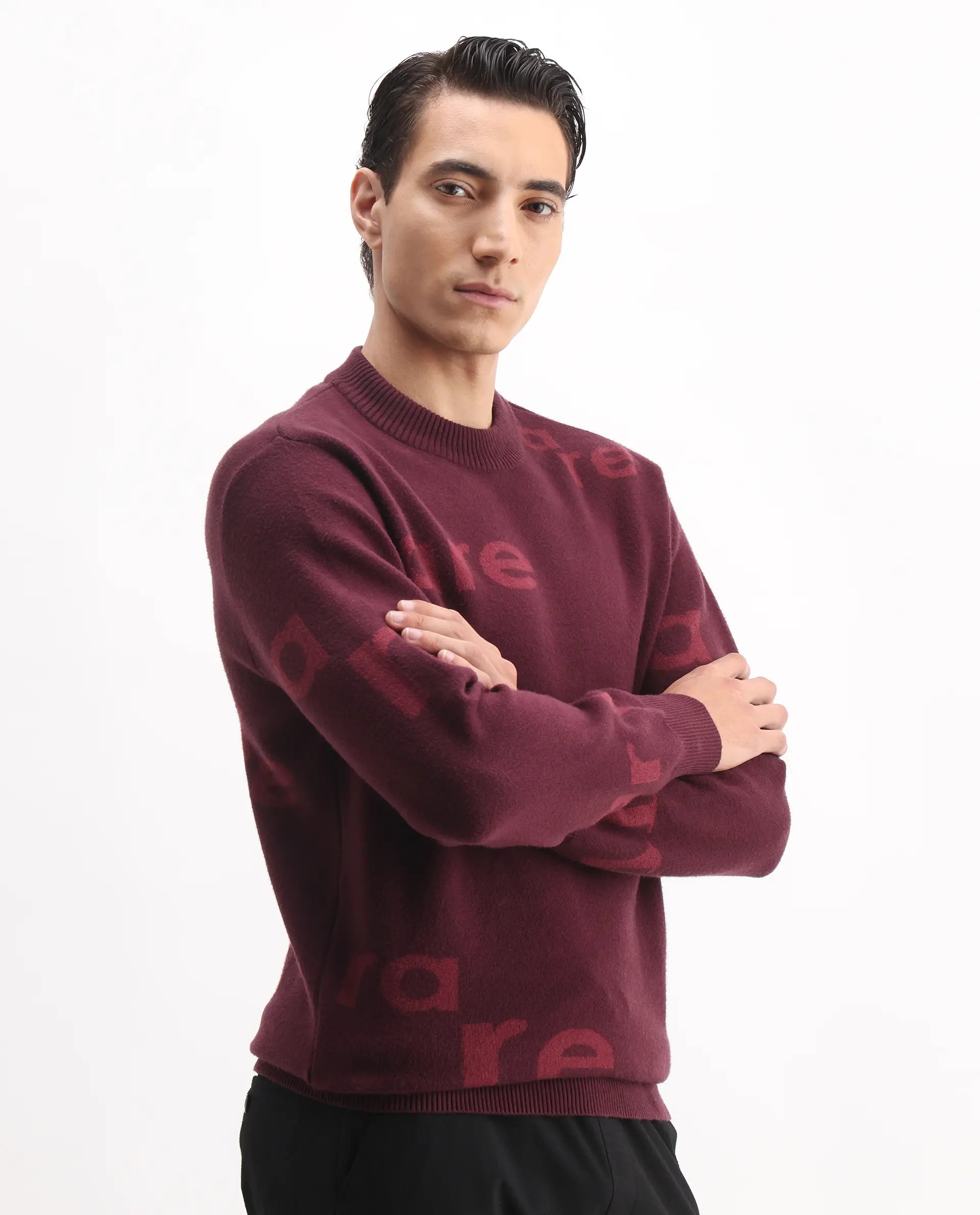 Rare Rabbit Men's Chet Dark Maroon Viscose Monogram Print Regular Fit Full Sleeve Crew Neck Sweater