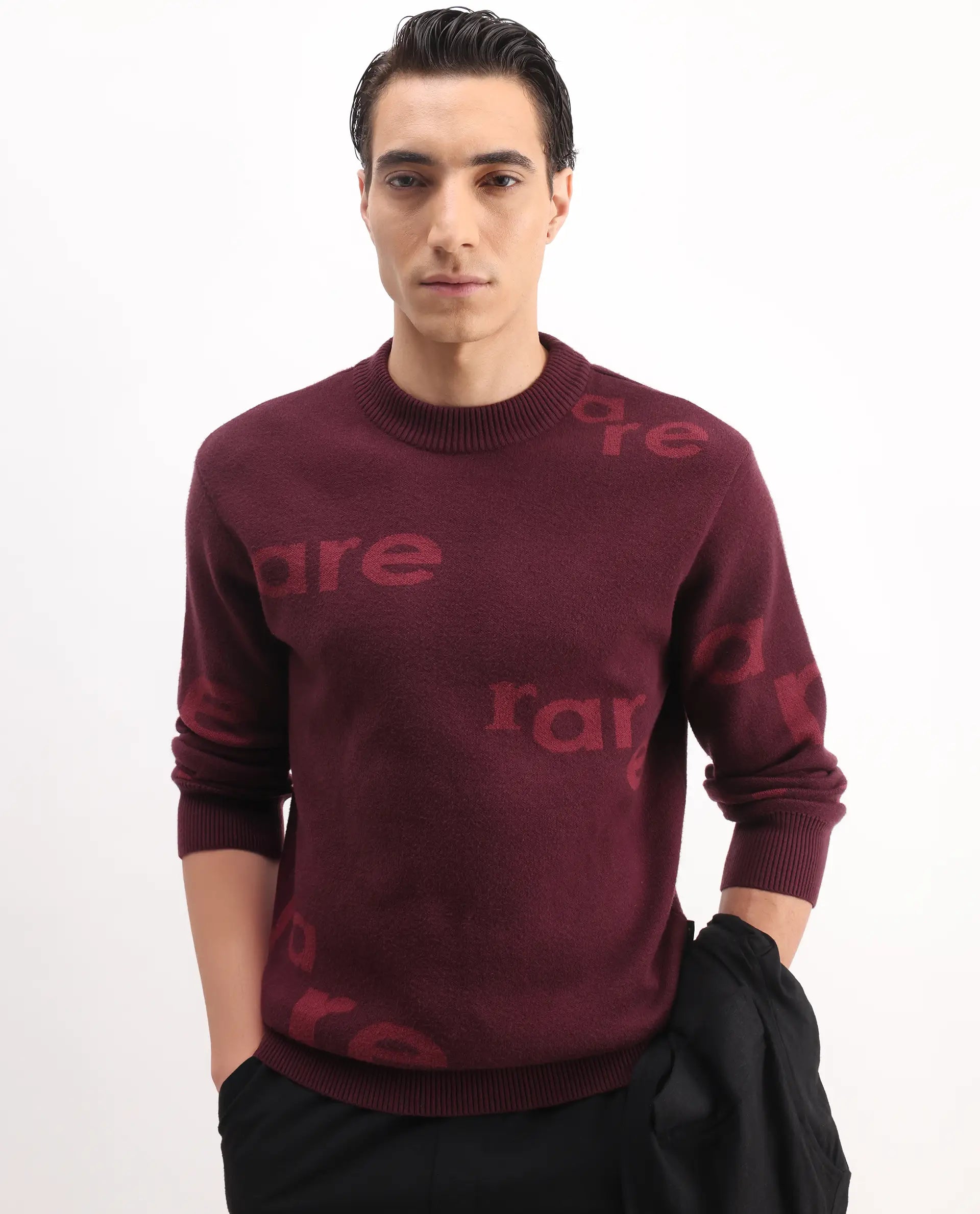 Rare Rabbit Men's Chet Dark Maroon Viscose Monogram Print Regular Fit Full Sleeve Crew Neck Sweater
