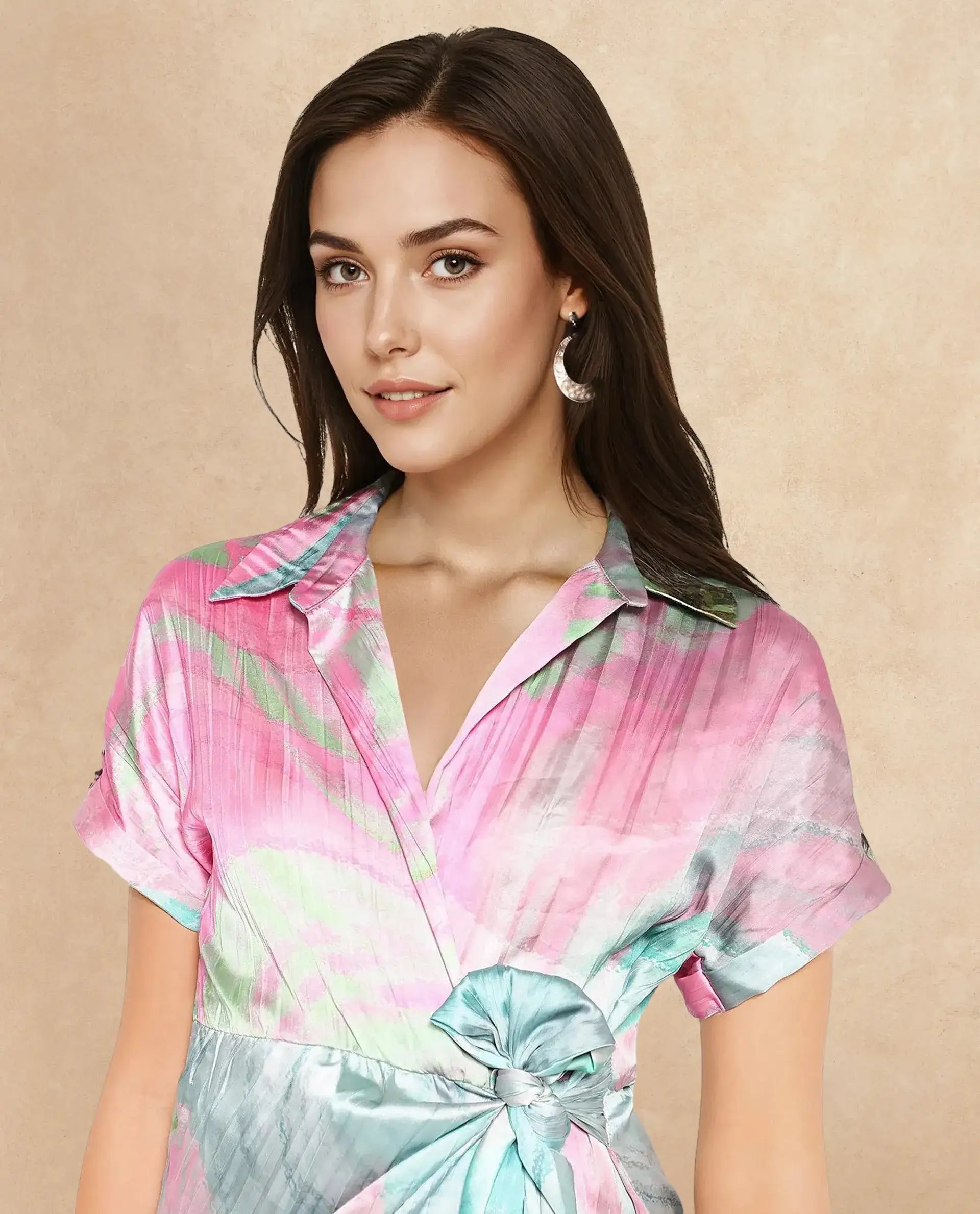 Rareism Women Chiapas Dusky Multi Extended Sleeves Collared Collar Tie Up Straight Fit Abstract Print Maxi Dress