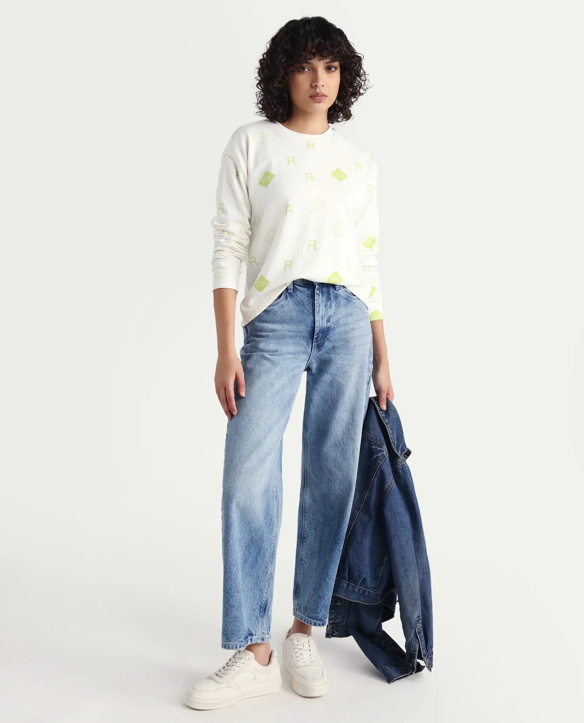 Rareism Women's Chico Off White Polyester Blend Crew Neck Graphic Print Regular Fit Sweatshirt