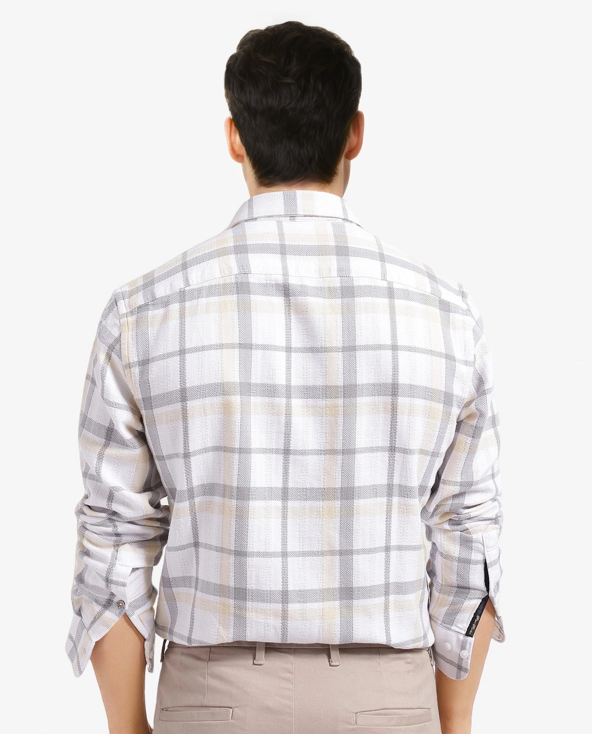 Rare Rabbit Men Chigo White Cotton Fabric Regular Collar Button Closure Slim Fit Checks Shirt