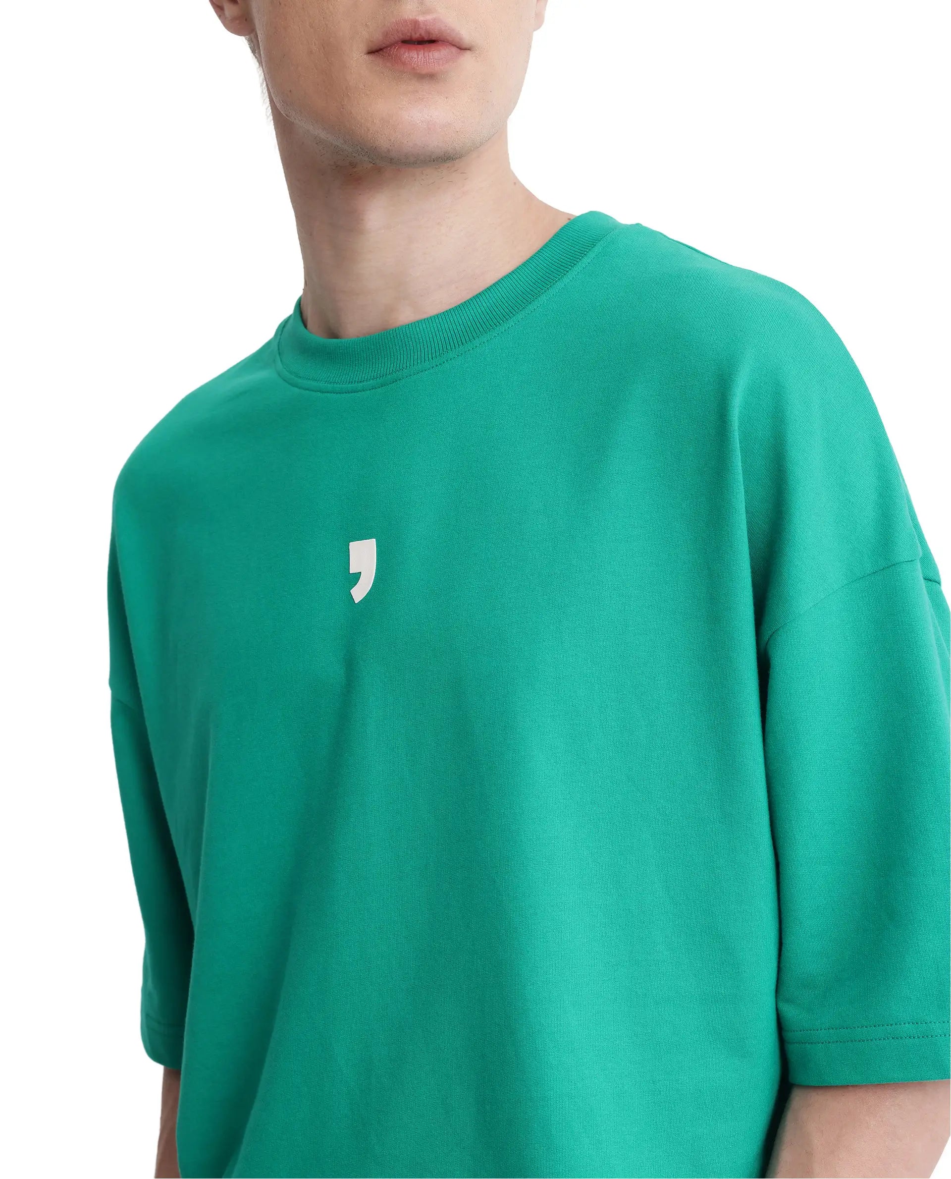 Rare Rabbit Men Chile Green Cotton Fabric Short Sleeve Crew Neck Oversized Fit Typography Backprint T-Shirt