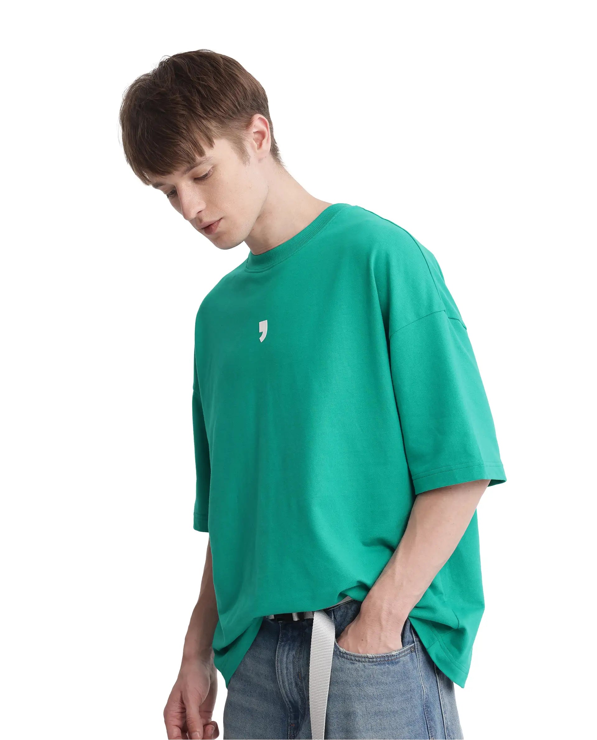 Rare Rabbit Men Chile Green Cotton Fabric Short Sleeve Crew Neck Oversized Fit Typography Backprint T-Shirt