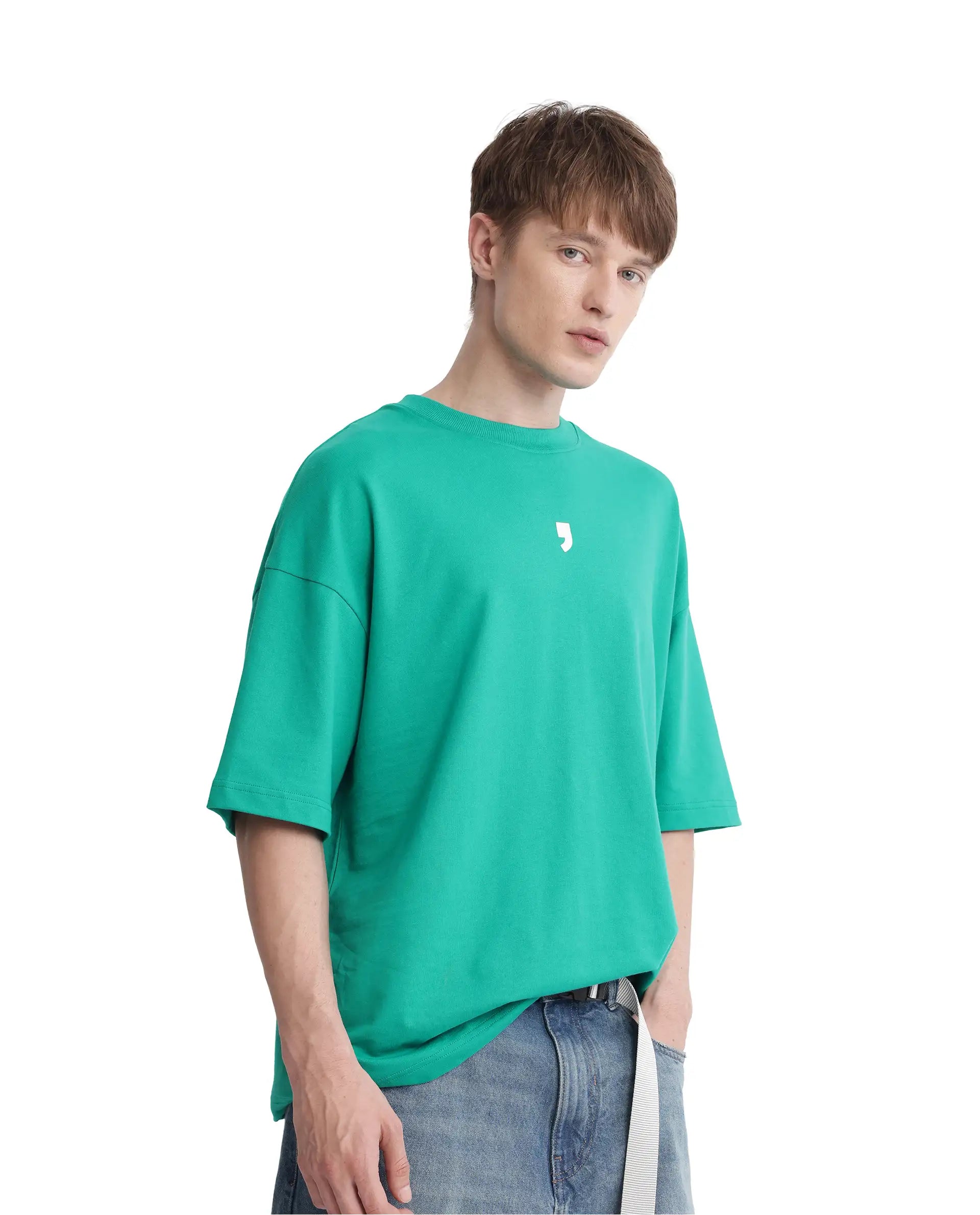 Rare Rabbit Men Chile Green Cotton Fabric Short Sleeve Crew Neck Oversized Fit Typography Backprint T-Shirt