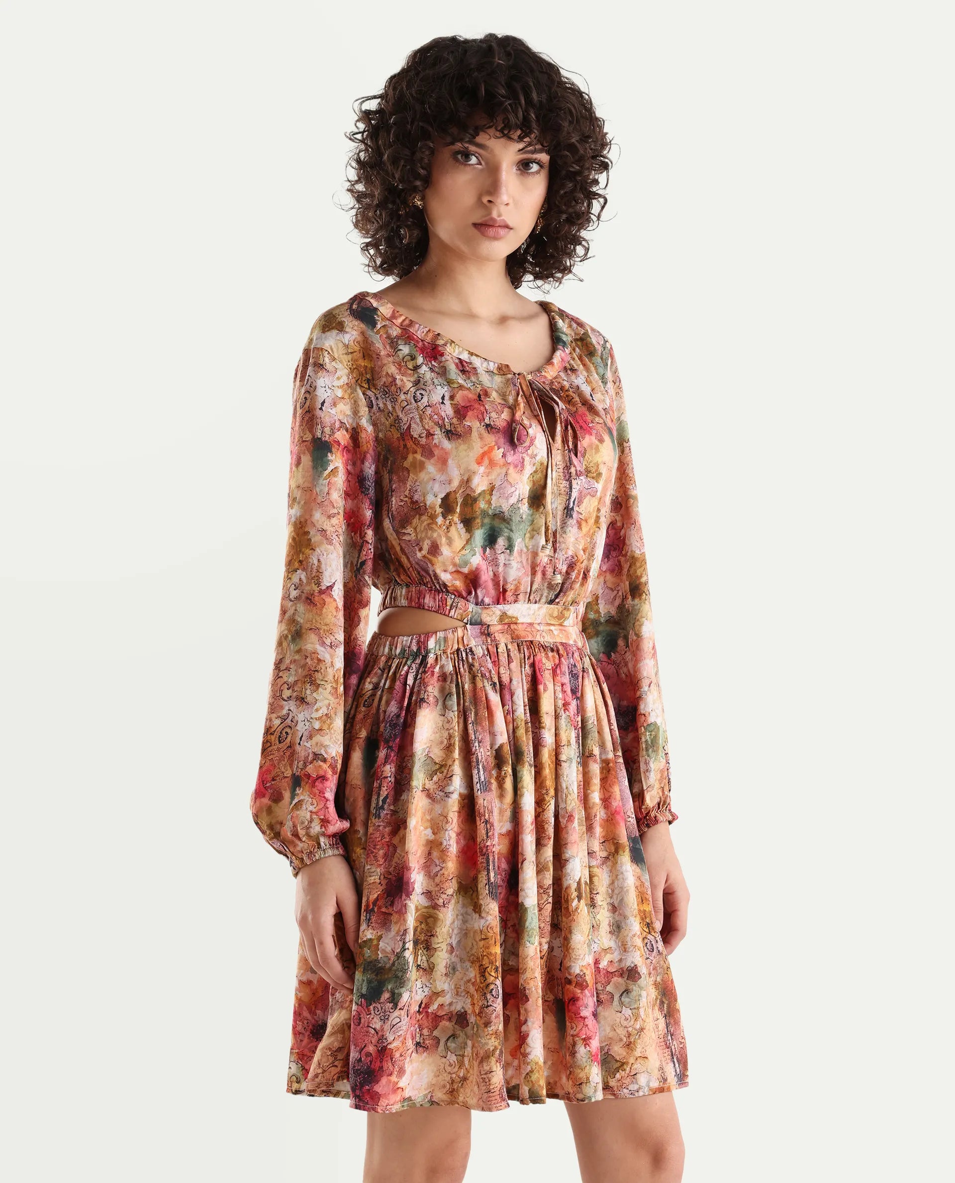 Rareism Women's Chilet Multi Cotton Blend Crew Neck Floral Print Puff Sleeves Knee Length A-Line Dress