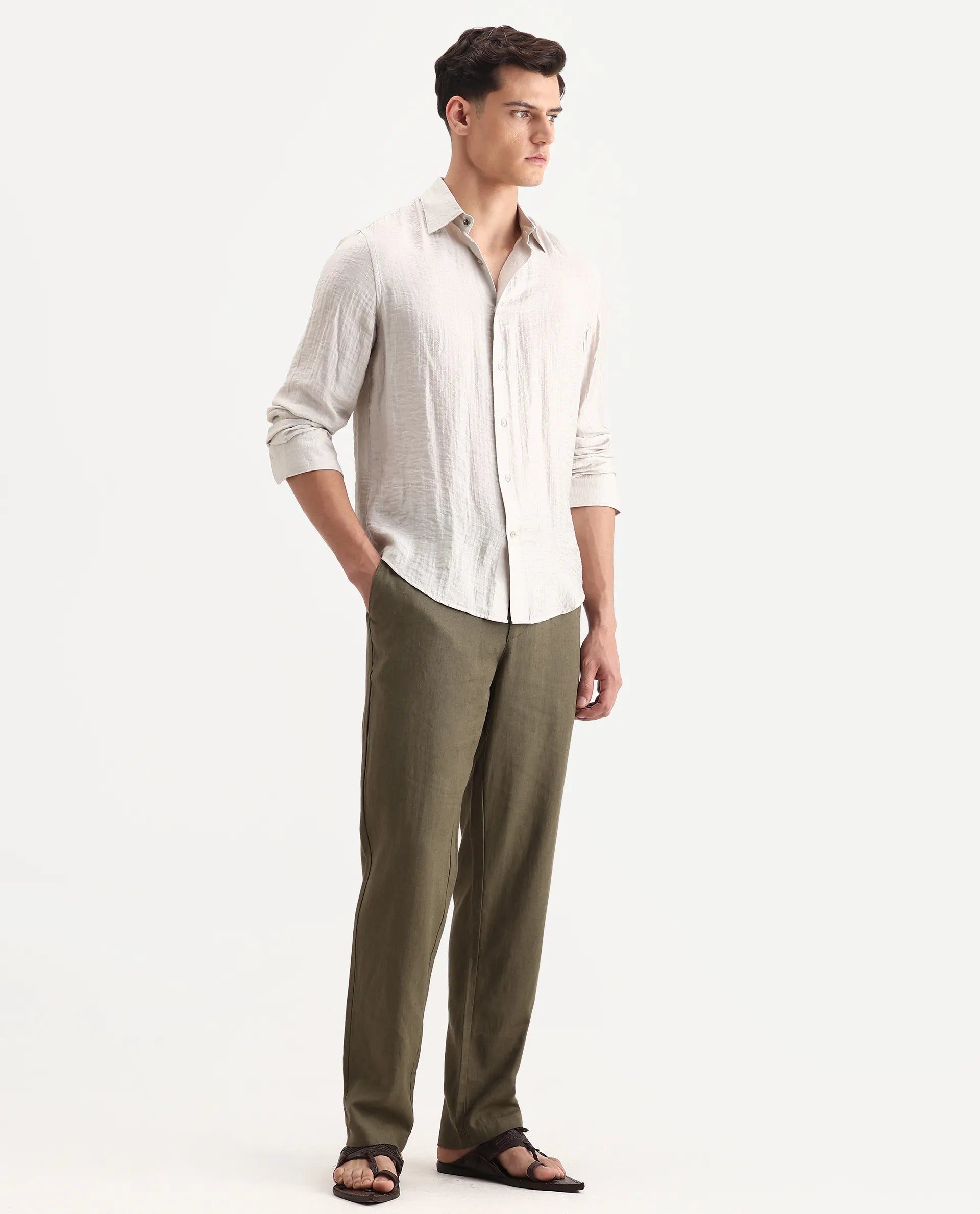 Rare Rabbit Men Chinio Dark Olive Linen Blend Drawstring Closure Plain Trouser