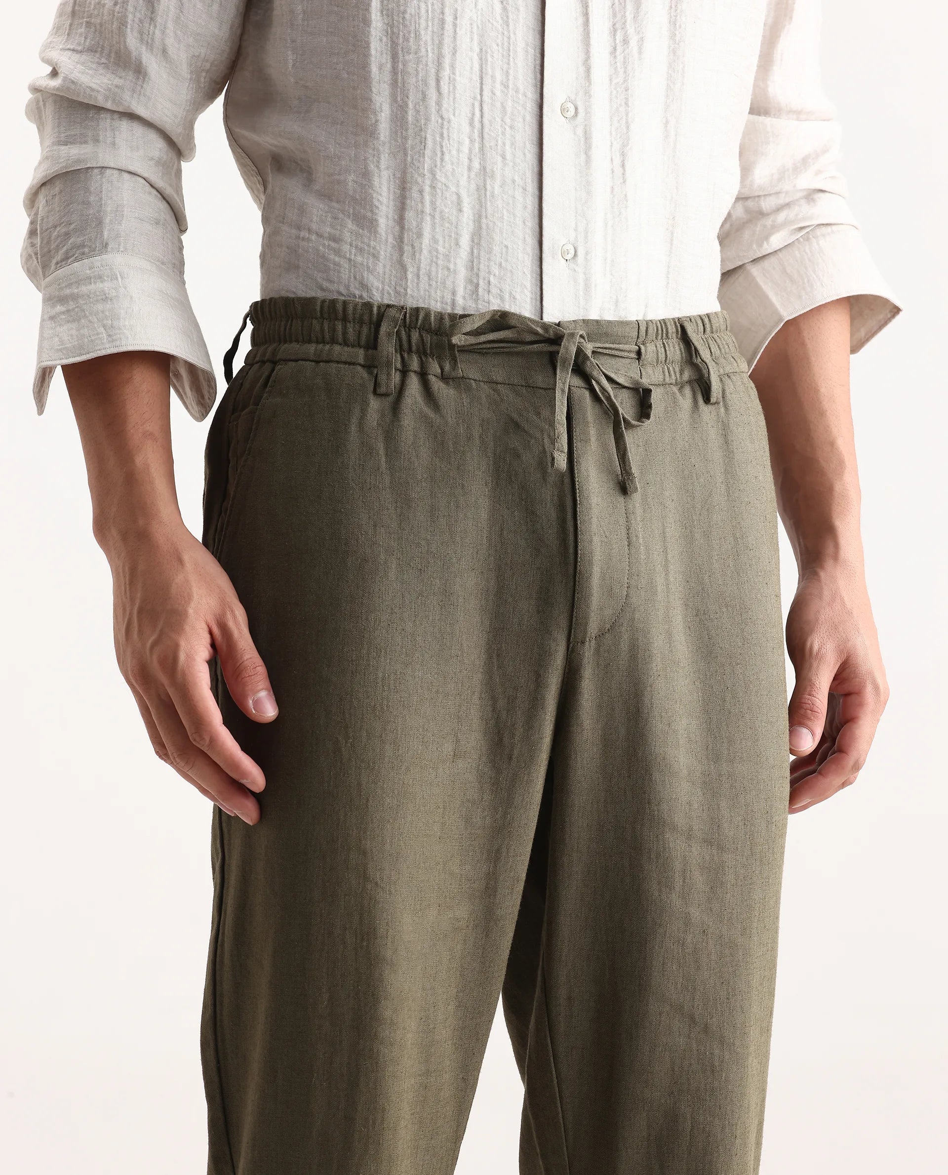 Rare Rabbit Men Chinio Dark Olive Linen Blend Drawstring Closure Plain Trouser