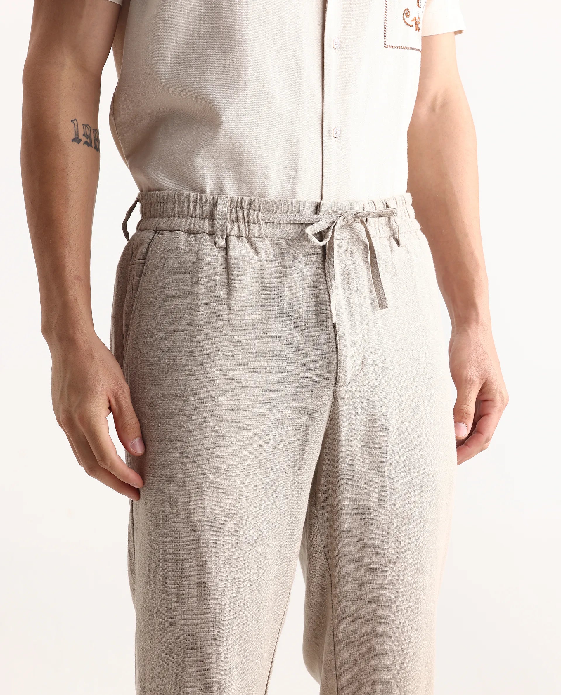Rare Rabbit Men Chinio Linen Blend Drawstring Closure Plain Trouser