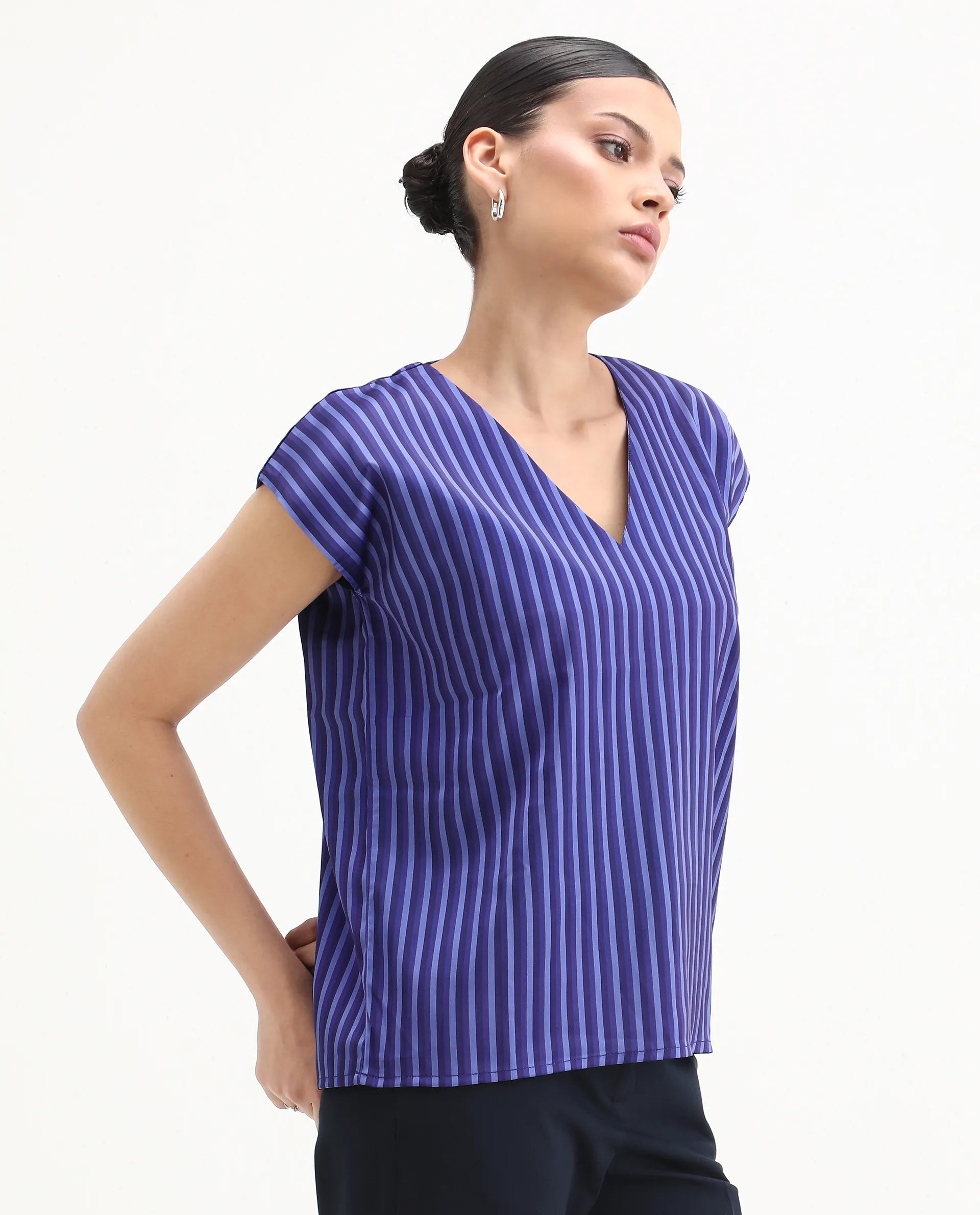 Rareism Women's Chinita Blue Satin V-Neck Striped Extended Sleeves Boxy Fit Top