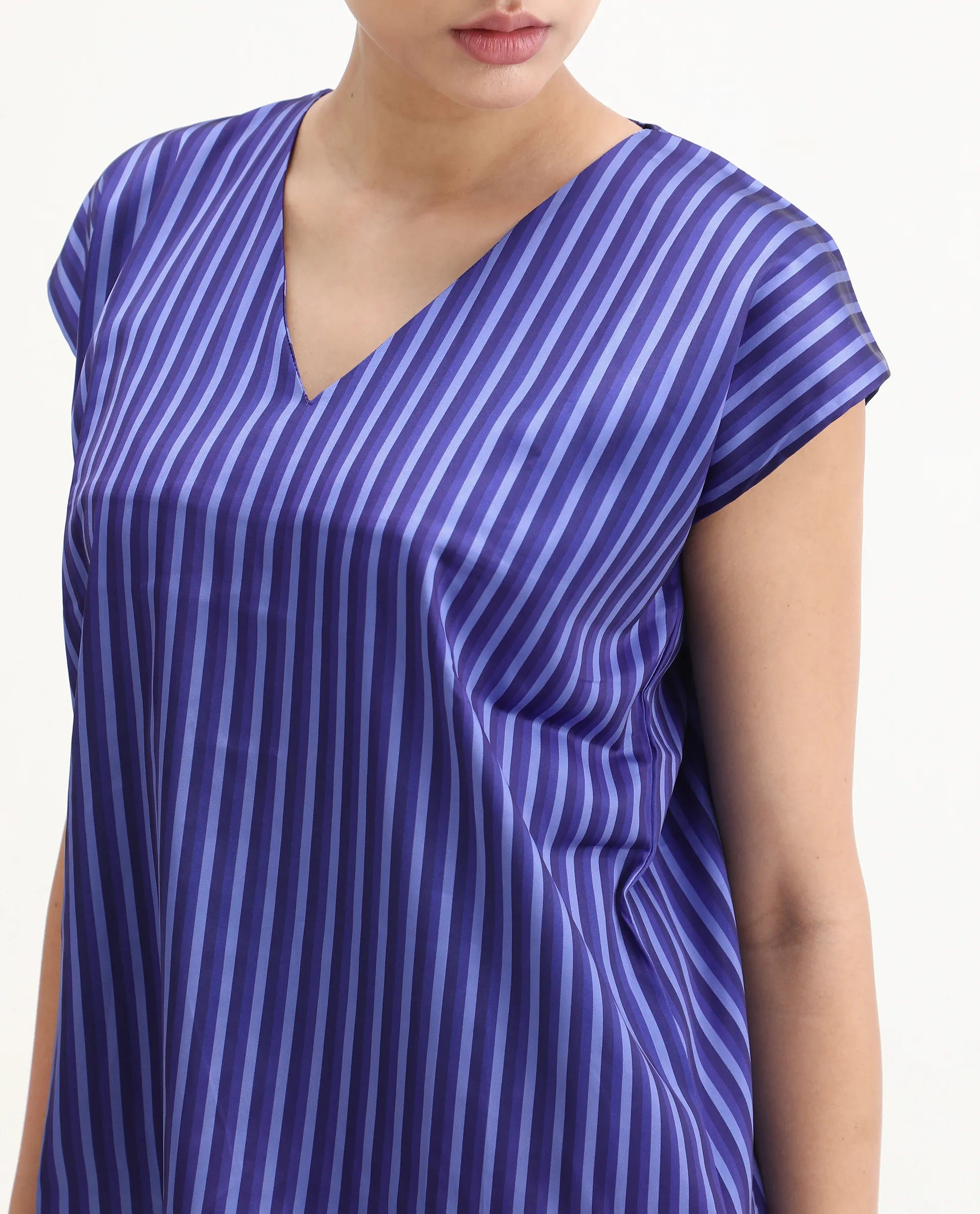Rareism Women's Chinita Blue Satin V-Neck Striped Extended Sleeves Boxy Fit Top