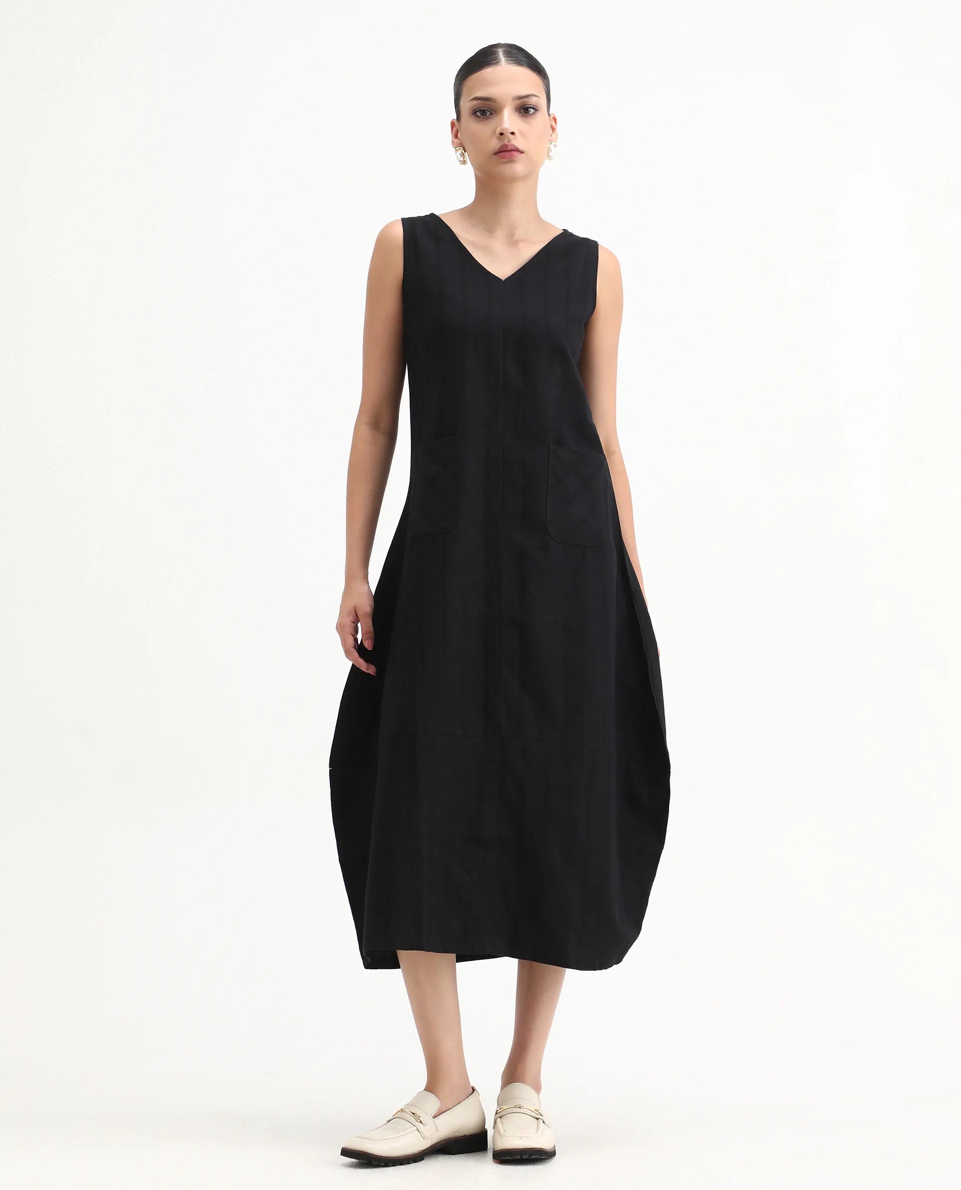 Rareism Womens Chloe Black Dress Long Length Cotton Linen Blend Fabric Sleeveless V Neck