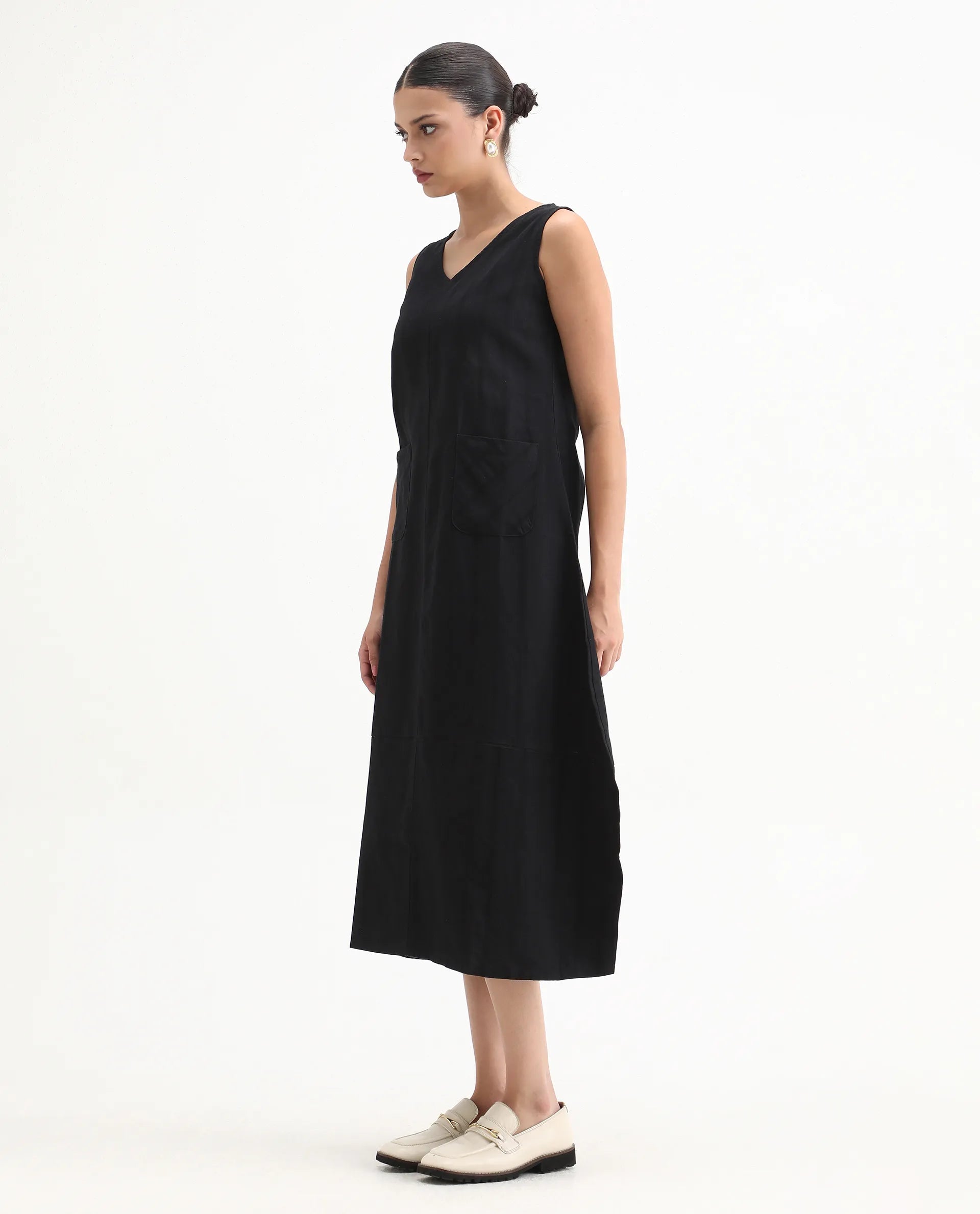 Rareism Womens Chloe Black Dress Long Length Cotton Linen Blend Fabric Sleeveless V Neck