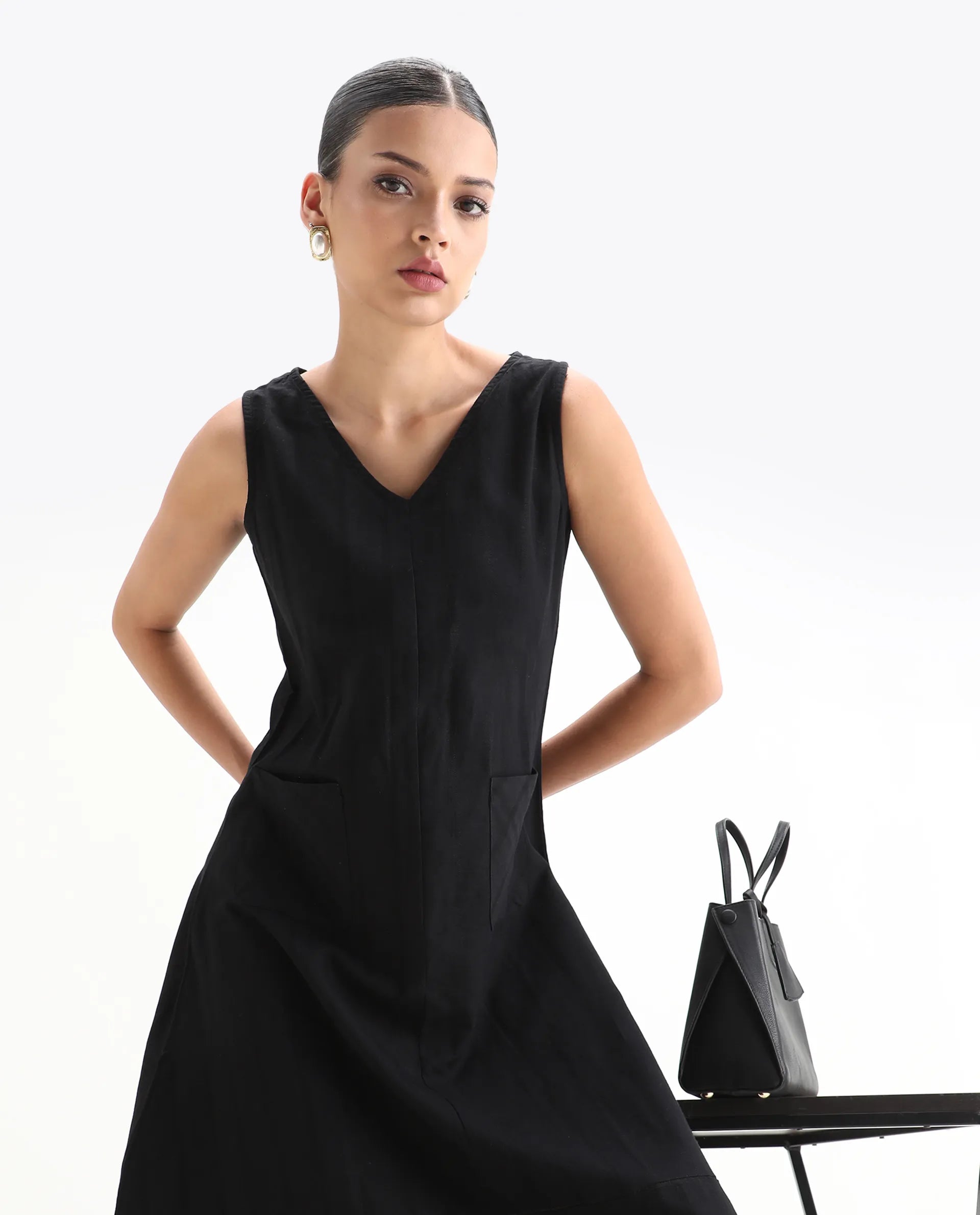 Rareism Womens Chloe Black Dress Long Length Cotton Linen Blend Fabric Sleeveless V Neck