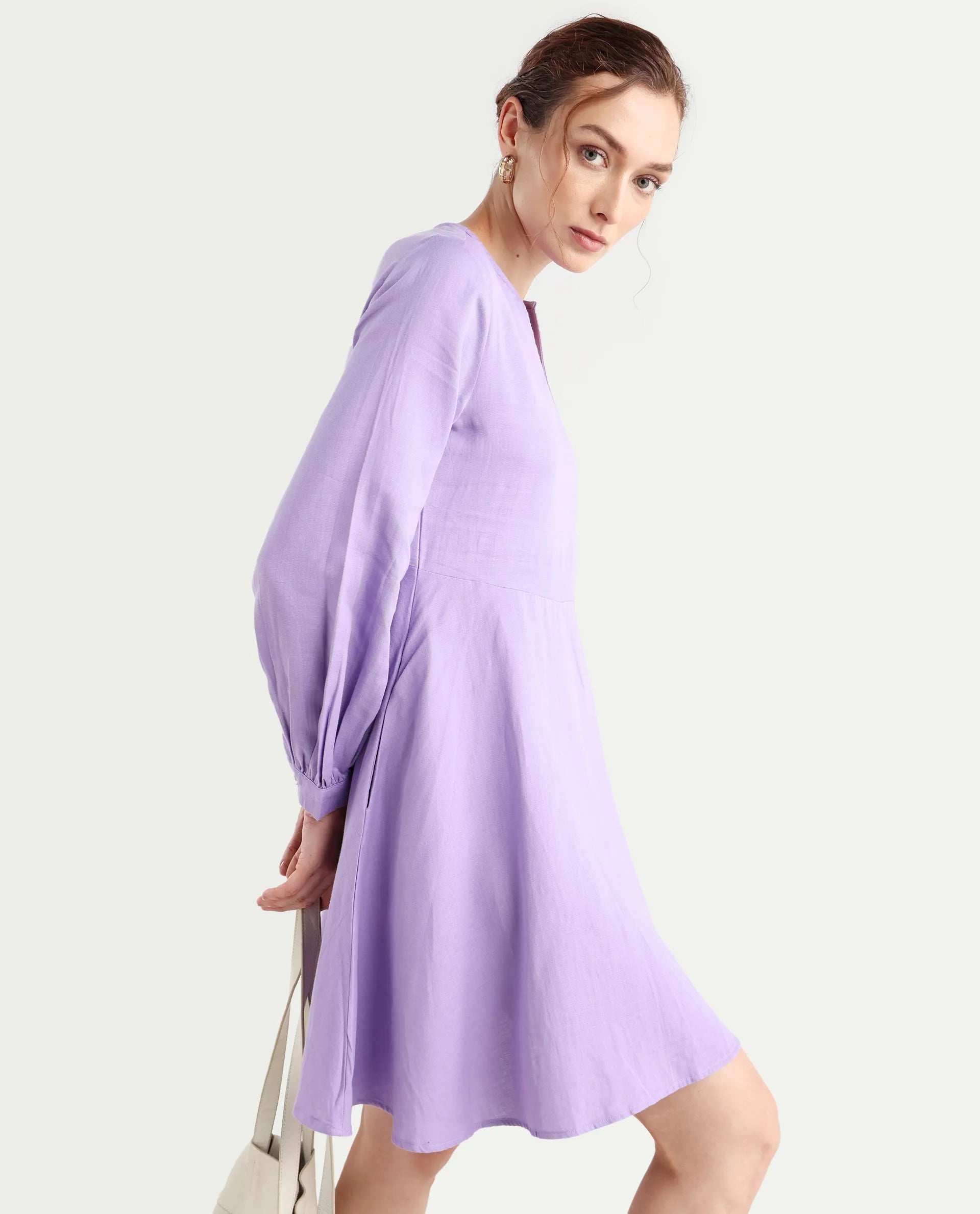 Rareism Women's Choho Pastel Purple Cotton V-Neck Plain Bishop Sleeve Mini Fit And Flare Dress