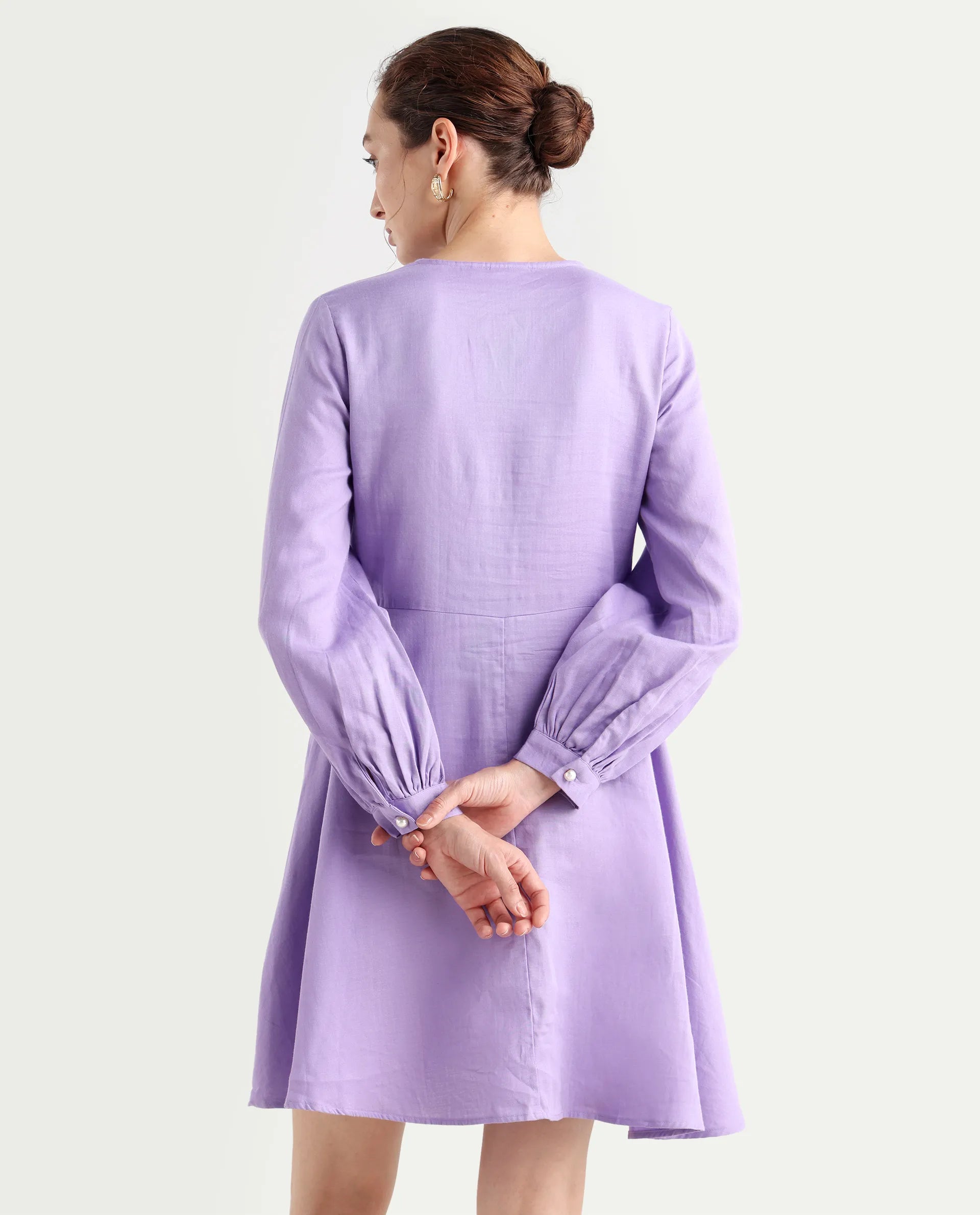 Rareism Women's Choho Pastel Purple Cotton V-Neck Plain Bishop Sleeve Mini Fit And Flare Dress