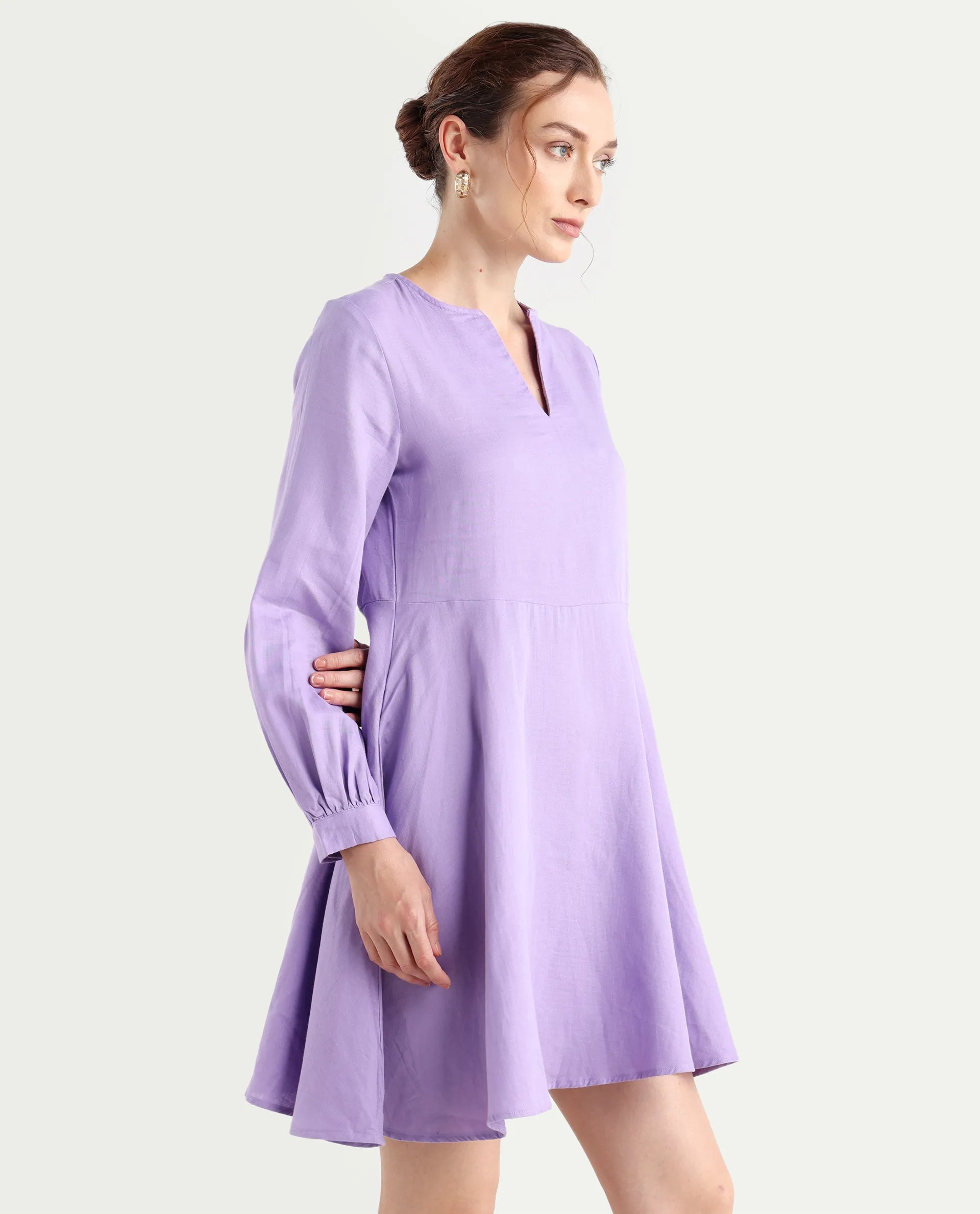 Rareism Women's Choho Pastel Purple Cotton V-Neck Plain Bishop Sleeve Mini Fit And Flare Dress