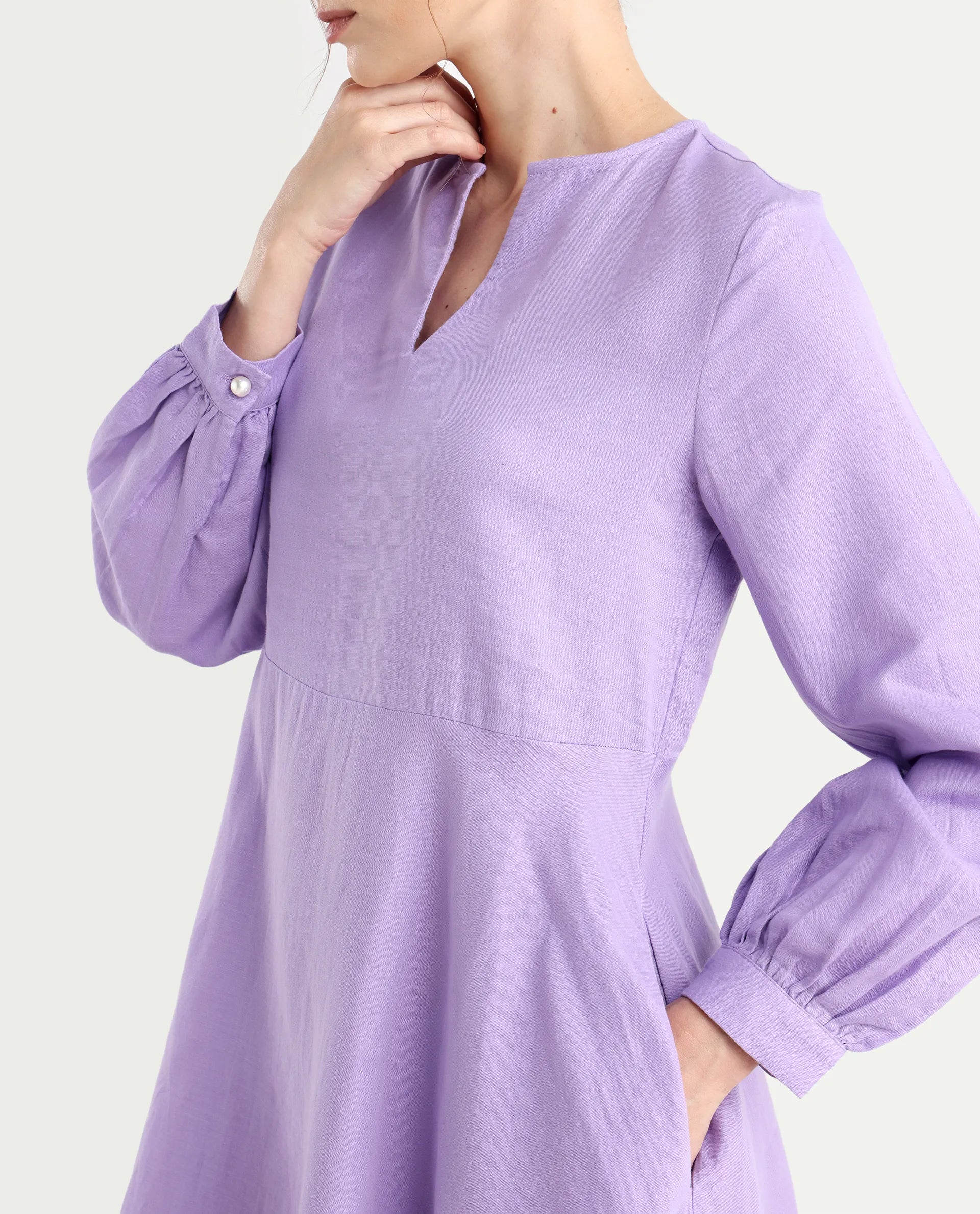 Rareism Women's Choho Pastel Purple Cotton V-Neck Plain Bishop Sleeve Mini Fit And Flare Dress