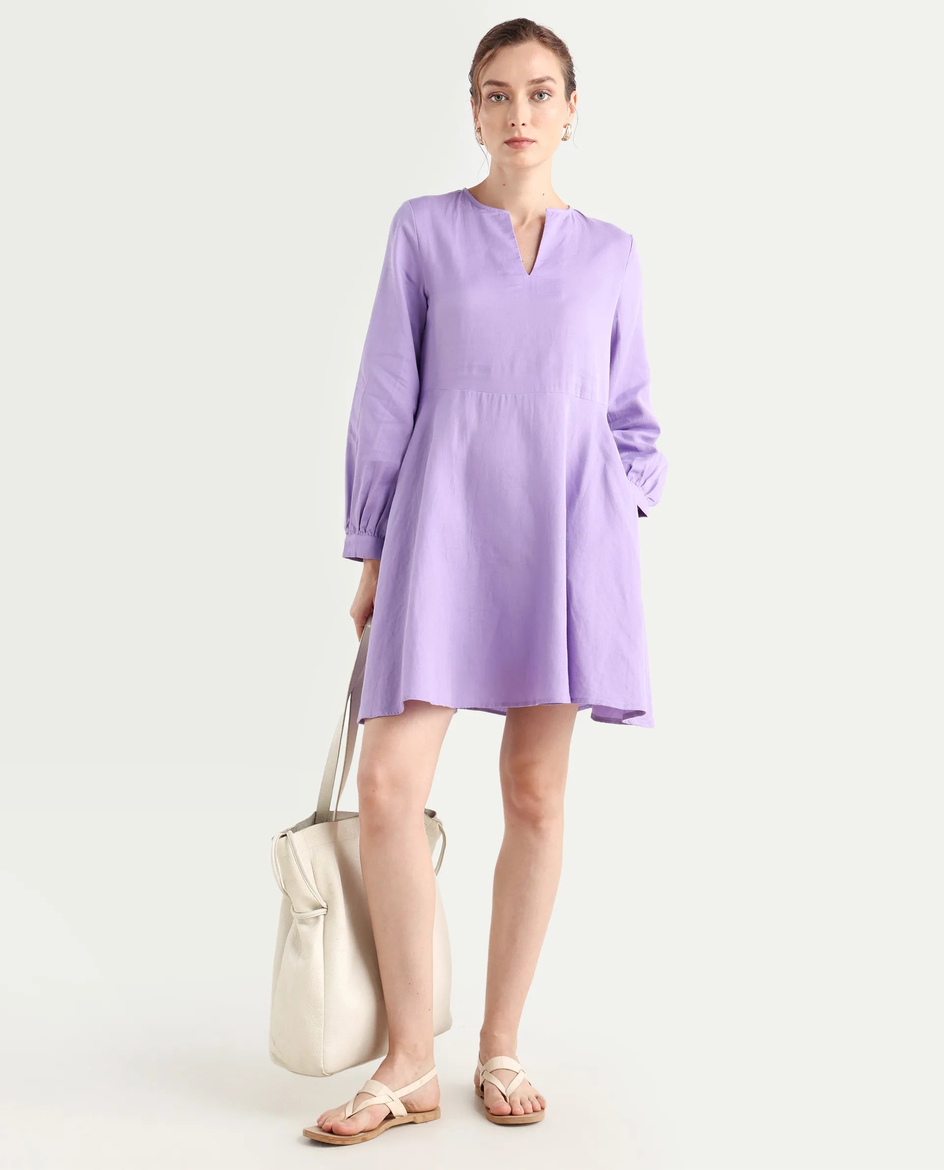 Rareism Women's Choho Pastel Purple Cotton V-Neck Plain Bishop Sleeve Mini Fit And Flare Dress