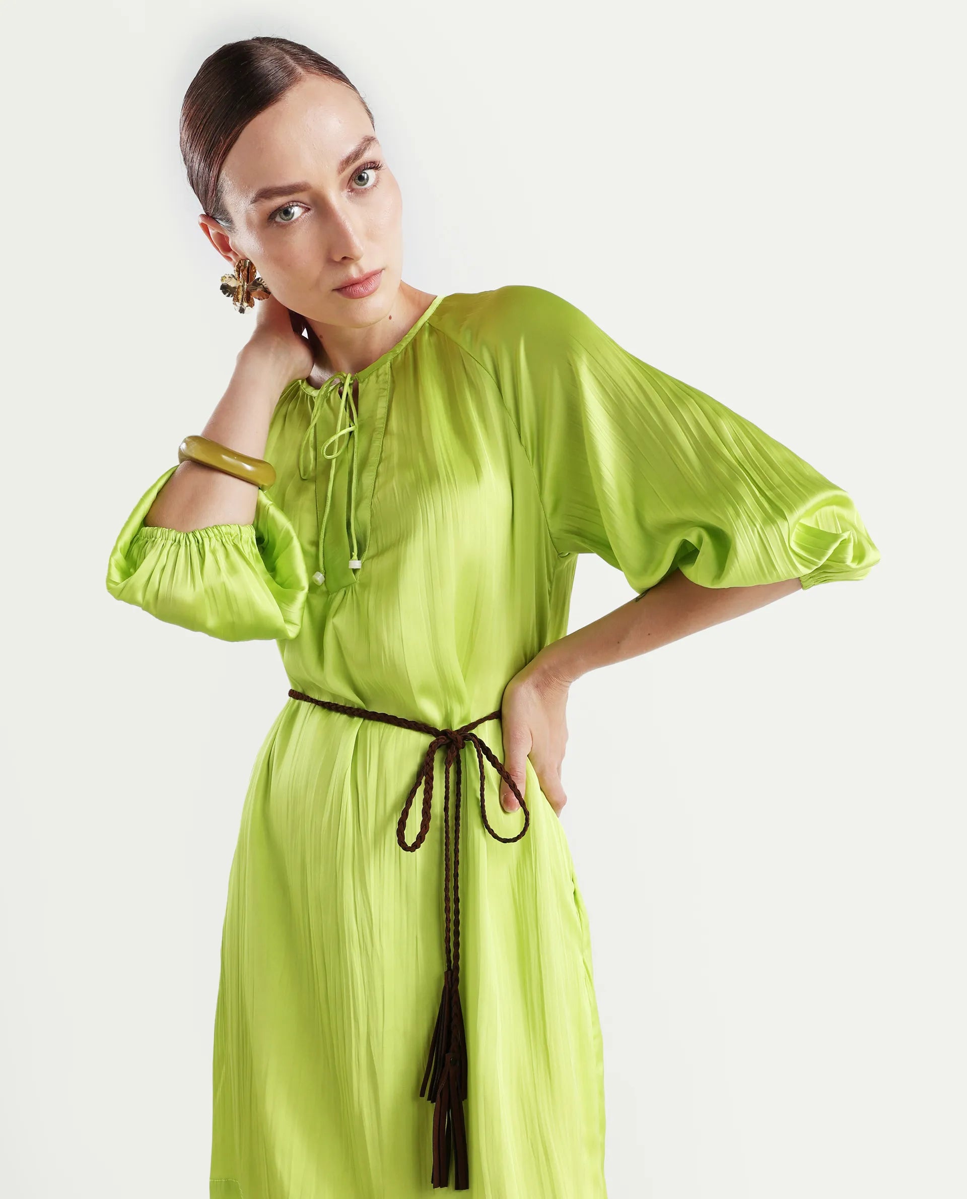 Rareism Women's Choji Light Green Polyester Tie-Up Neck Plain Raglan Sleeve Mini Relaxed Fit Dress