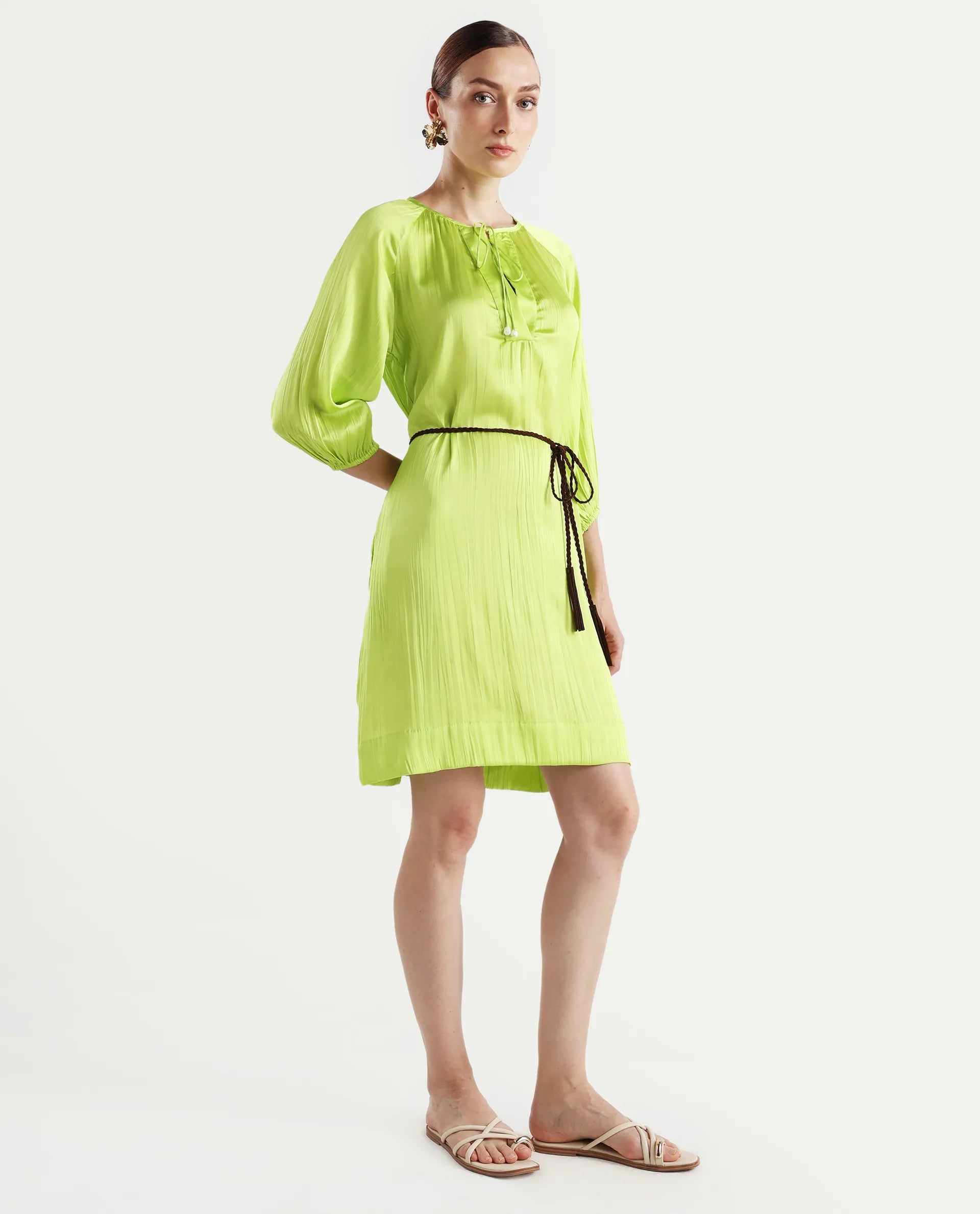 Rareism Women's Choji Light Green Polyester Tie-Up Neck Plain Raglan Sleeve Mini Relaxed Fit Dress