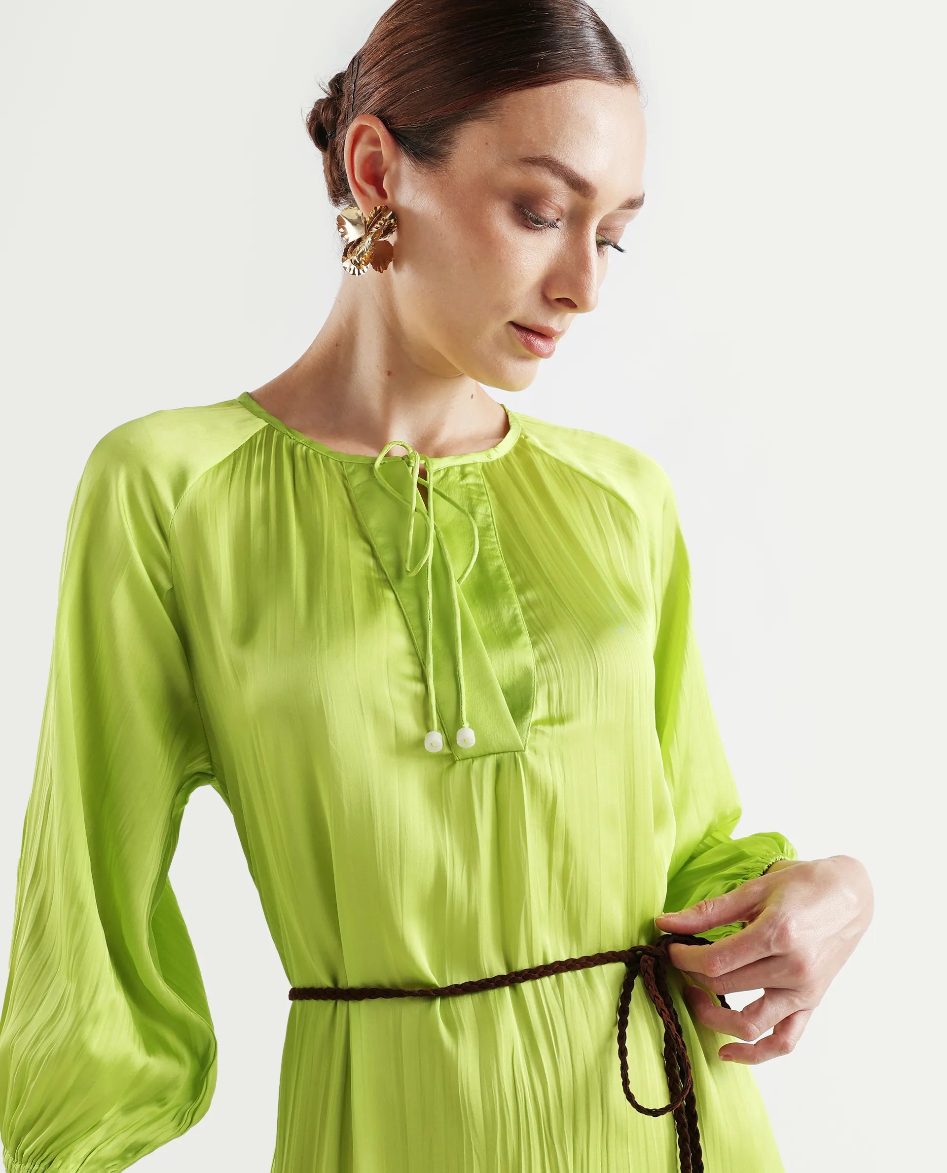 Rareism Women's Choji Light Green Polyester Tie-Up Neck Plain Raglan Sleeve Mini Relaxed Fit Dress