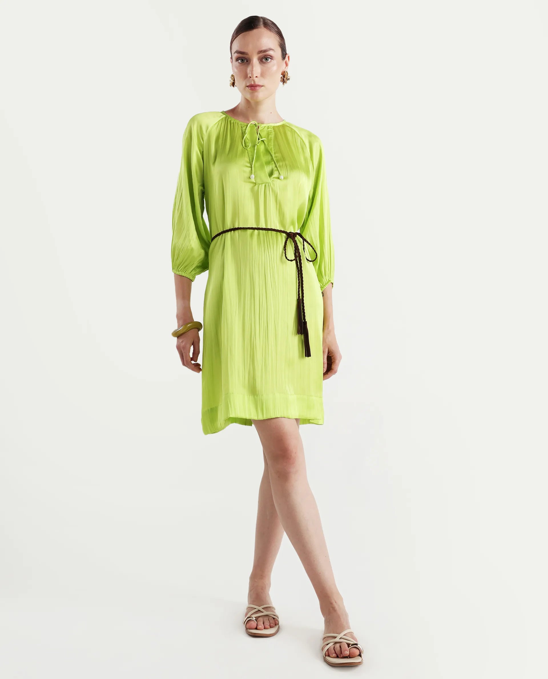 Rareism Women's Choji Light Green Polyester Tie-Up Neck Plain Raglan Sleeve Mini Relaxed Fit Dress