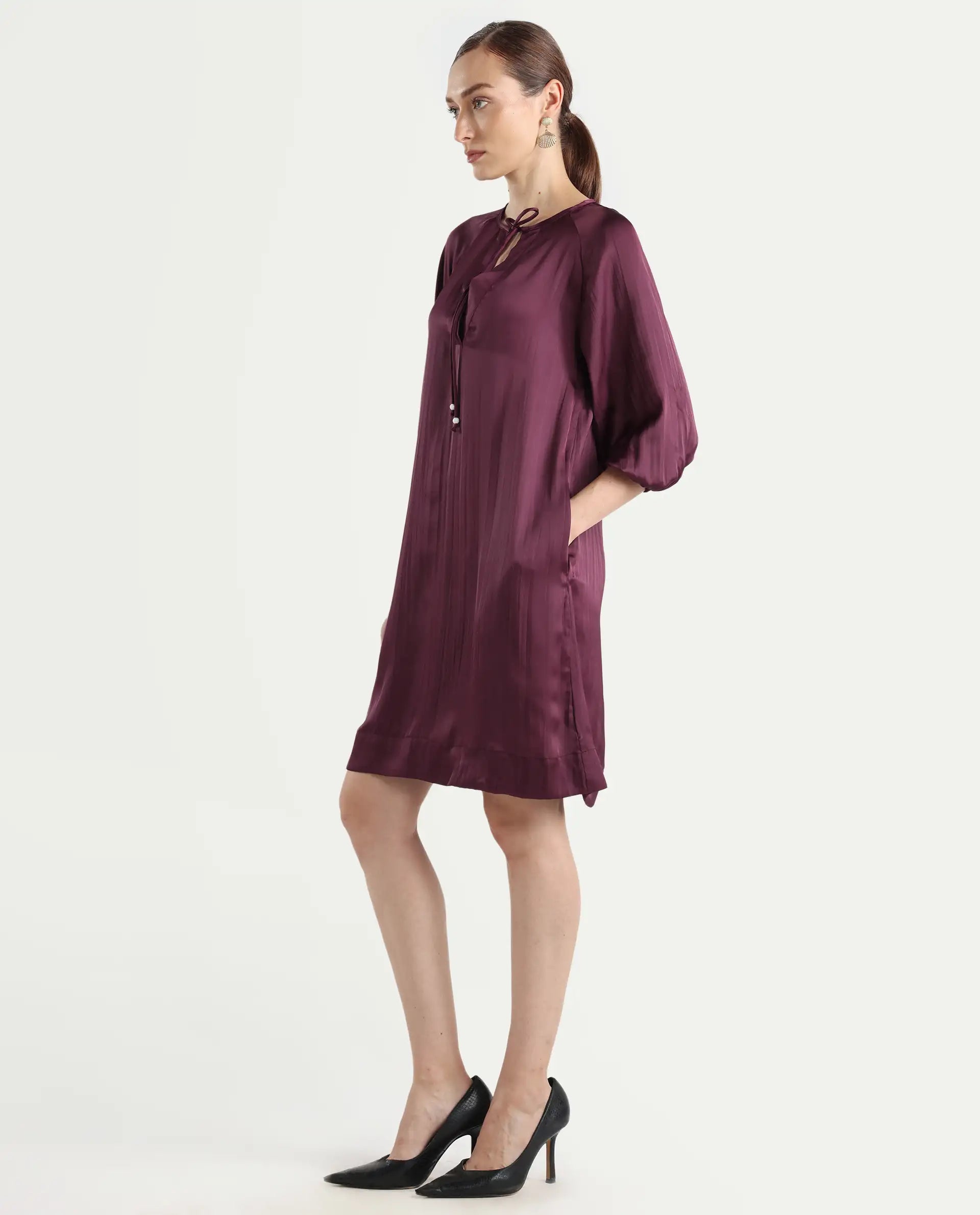 Rareism Women's Choki Dark Purple Polyester Tie-Up Neck Plain Raglan Sleeve Mini Relaxed Fit Dress