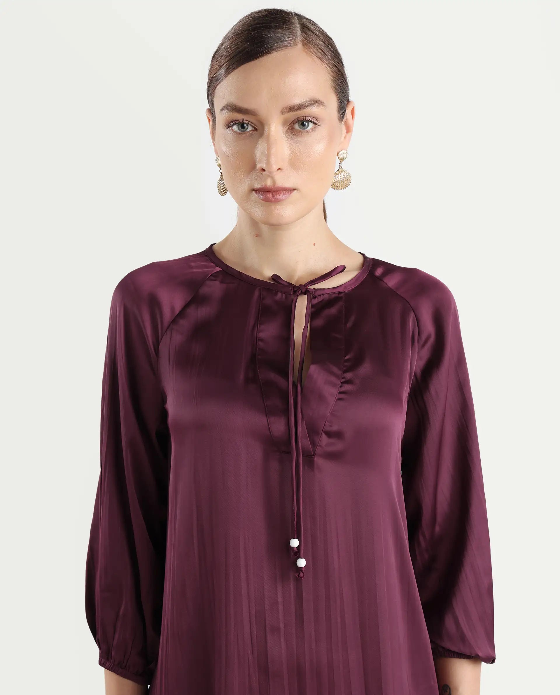 Rareism Women's Choki Dark Purple Polyester Tie-Up Neck Plain Raglan Sleeve Mini Relaxed Fit Dress