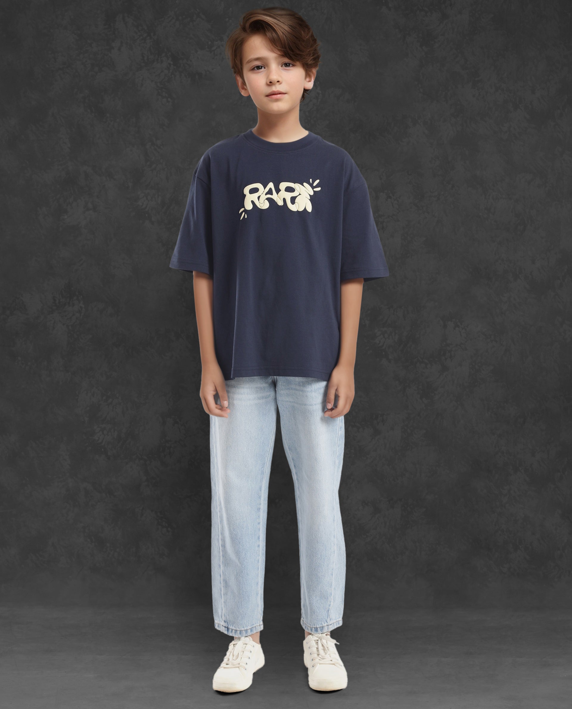 Rare Ones Kids Chris Navy Cotton Half Sleeves Crew Neck Oversized Fit Graphic Print T-Shirt