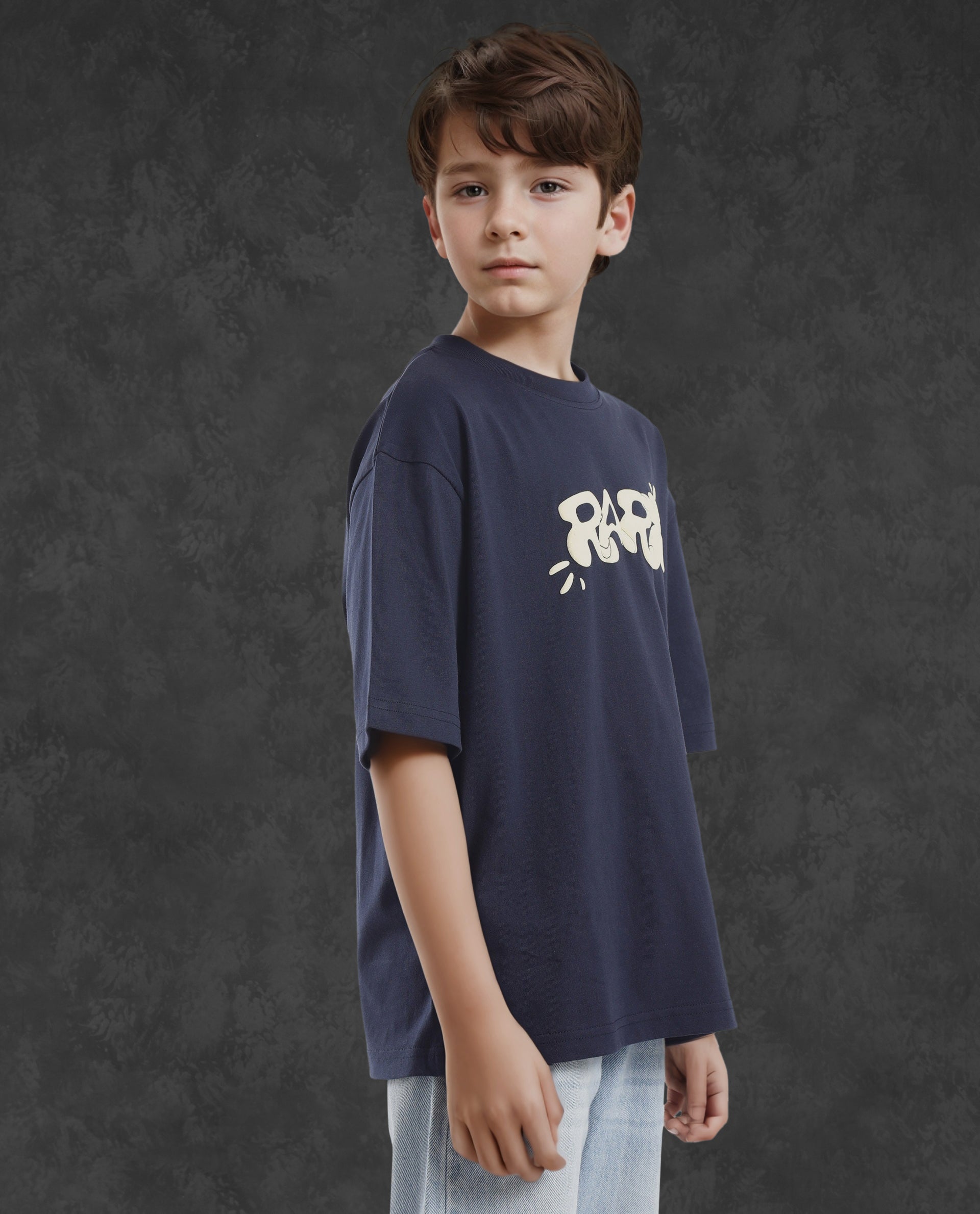 Rare Ones Kids Chris Navy Cotton Half Sleeves Crew Neck Oversized Fit Graphic Print T-Shirt