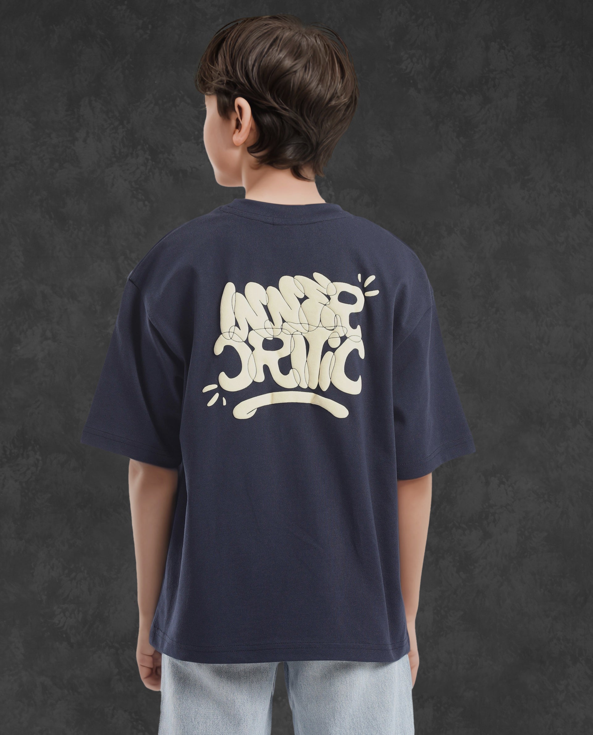 Rare Ones Kids Chris Navy Cotton Half Sleeves Crew Neck Oversized Fit Graphic Print T-Shirt