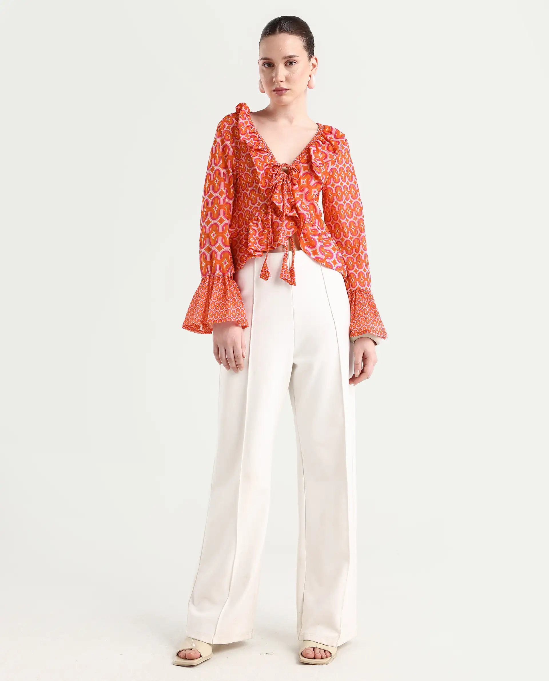 Rareism Women's Christa Multi Cotton V-Neck Geometric Print Bell Sleeve Regular Fit Shrug