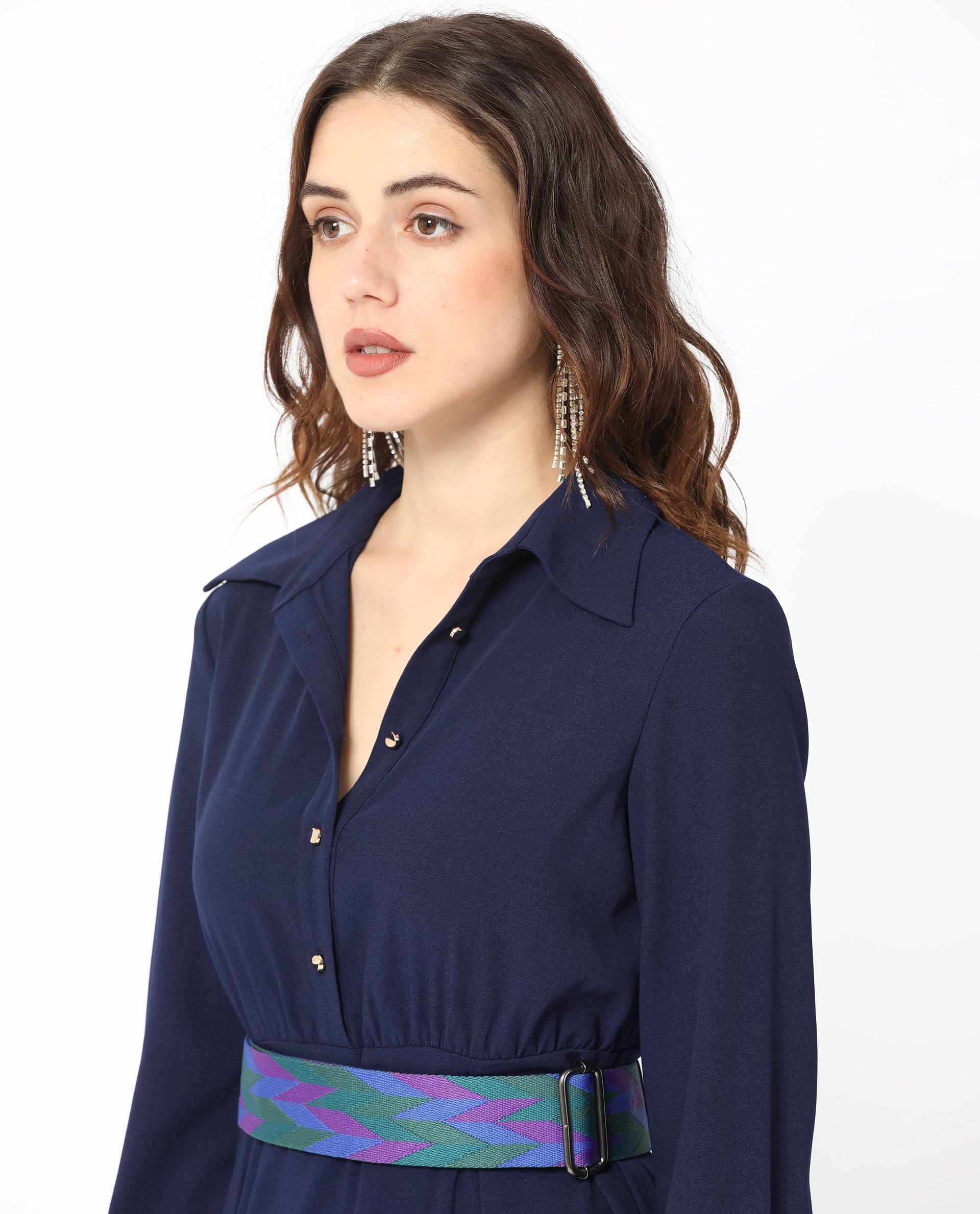 Rareism Women Chsam Navy Poly Lycra Fabric Full Sleeves Shirt Collar Regular Fit Plain Maxi Boxy Dress