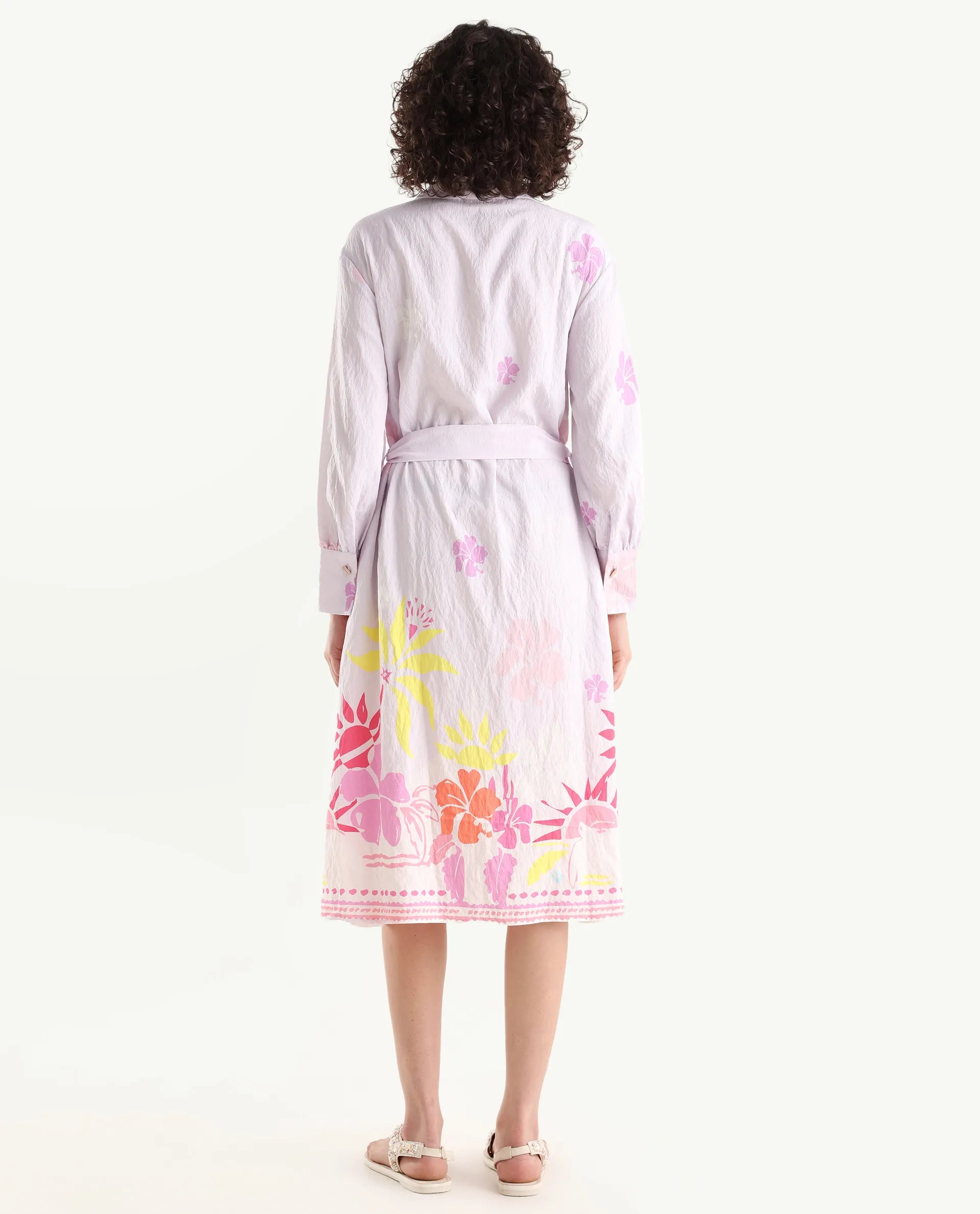 Rareism Women's Chunker Off White Rayon Drop Collar Floral Print Cuffed Sleeve Midi A-Line Dress