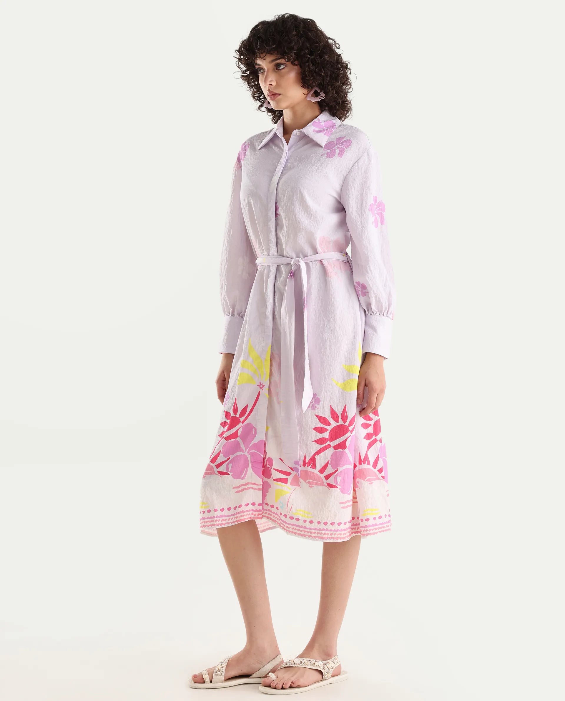 Rareism Women's Chunker Off White Rayon Drop Collar Floral Print Cuffed Sleeve Midi A-Line Dress