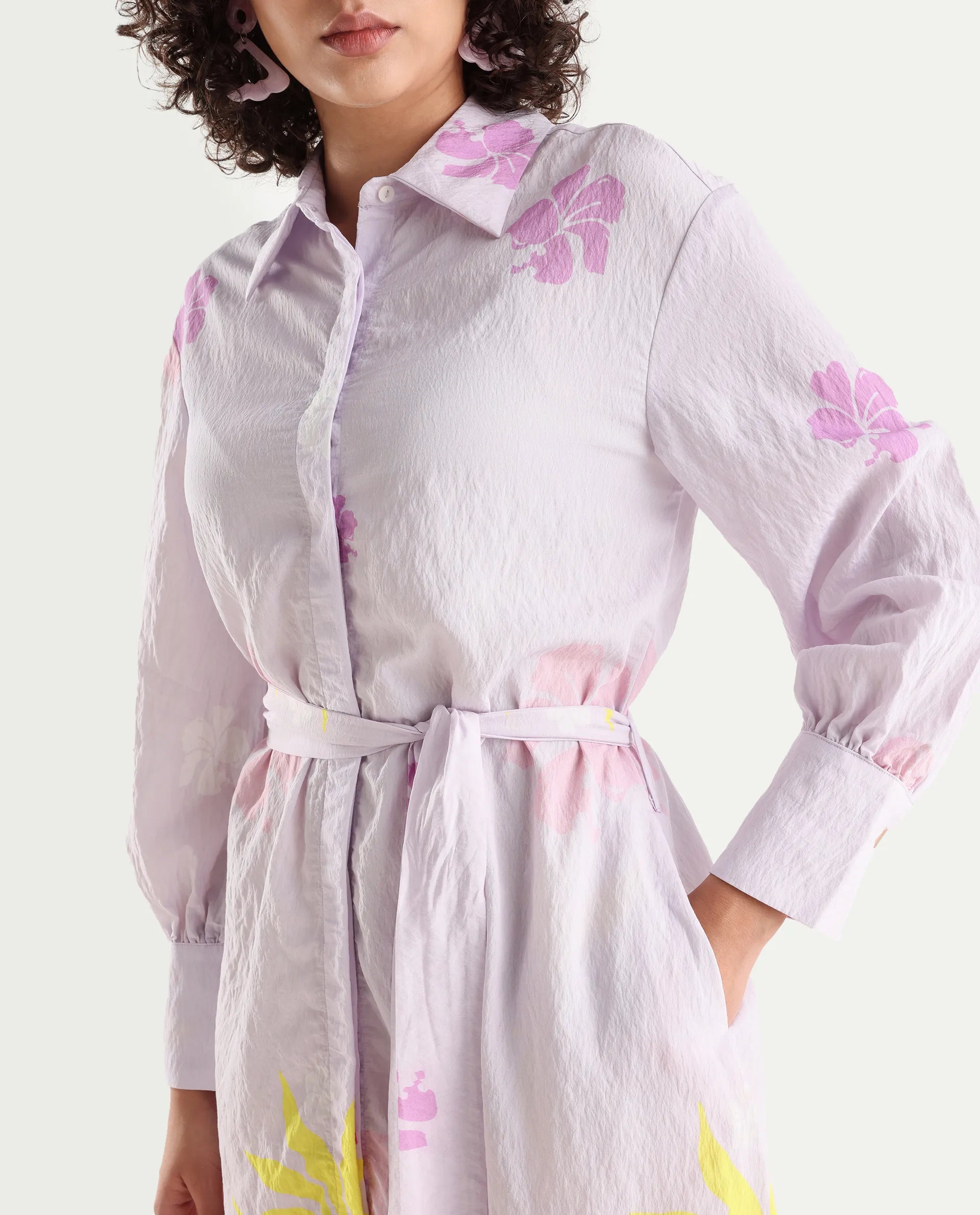 Rareism Women's Chunker Off White Rayon Drop Collar Floral Print Cuffed Sleeve Midi A-Line Dress