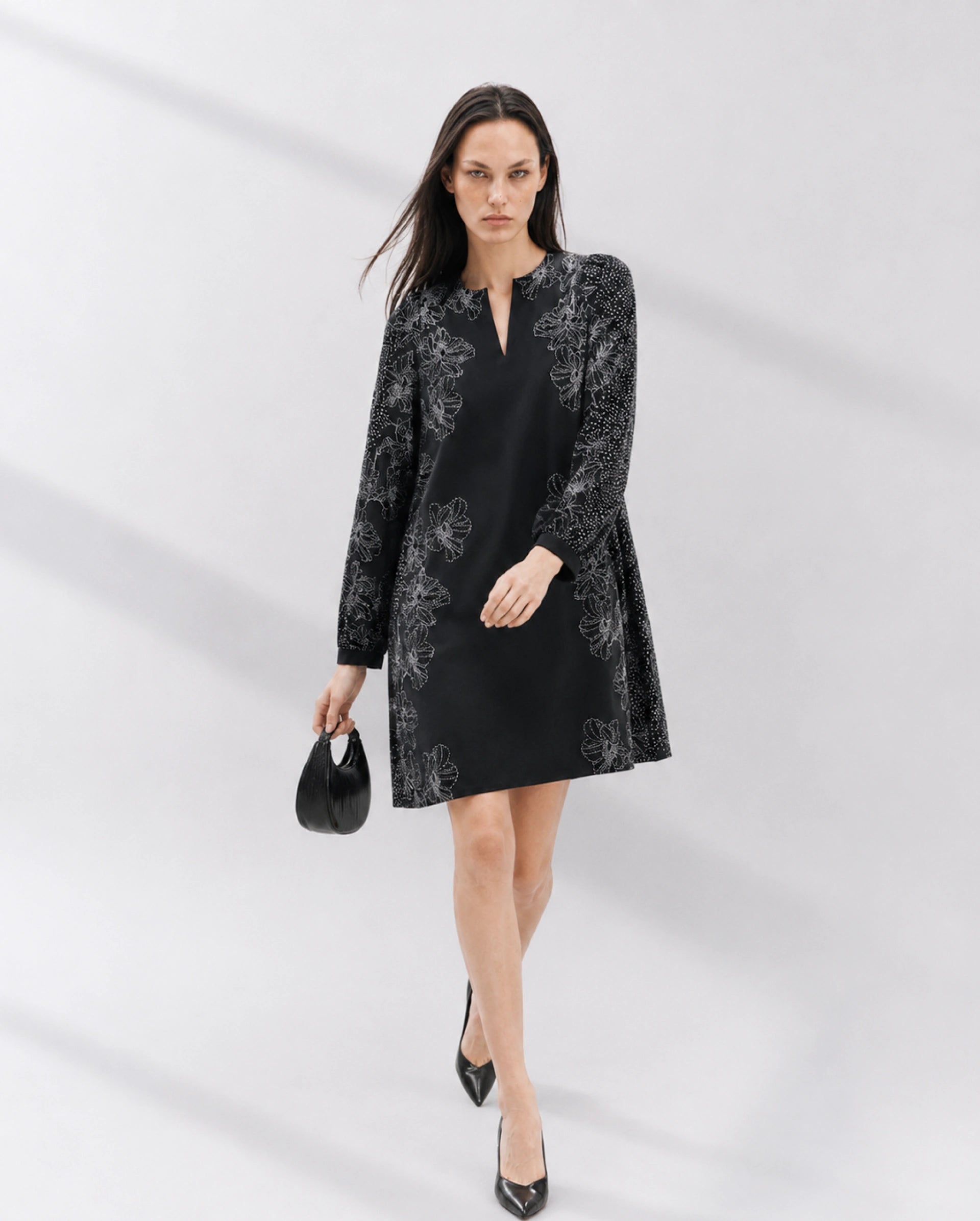 Rareism Women's Ciana Black Cotton Full Sleeve Relaxed Fit Floral Print Dress