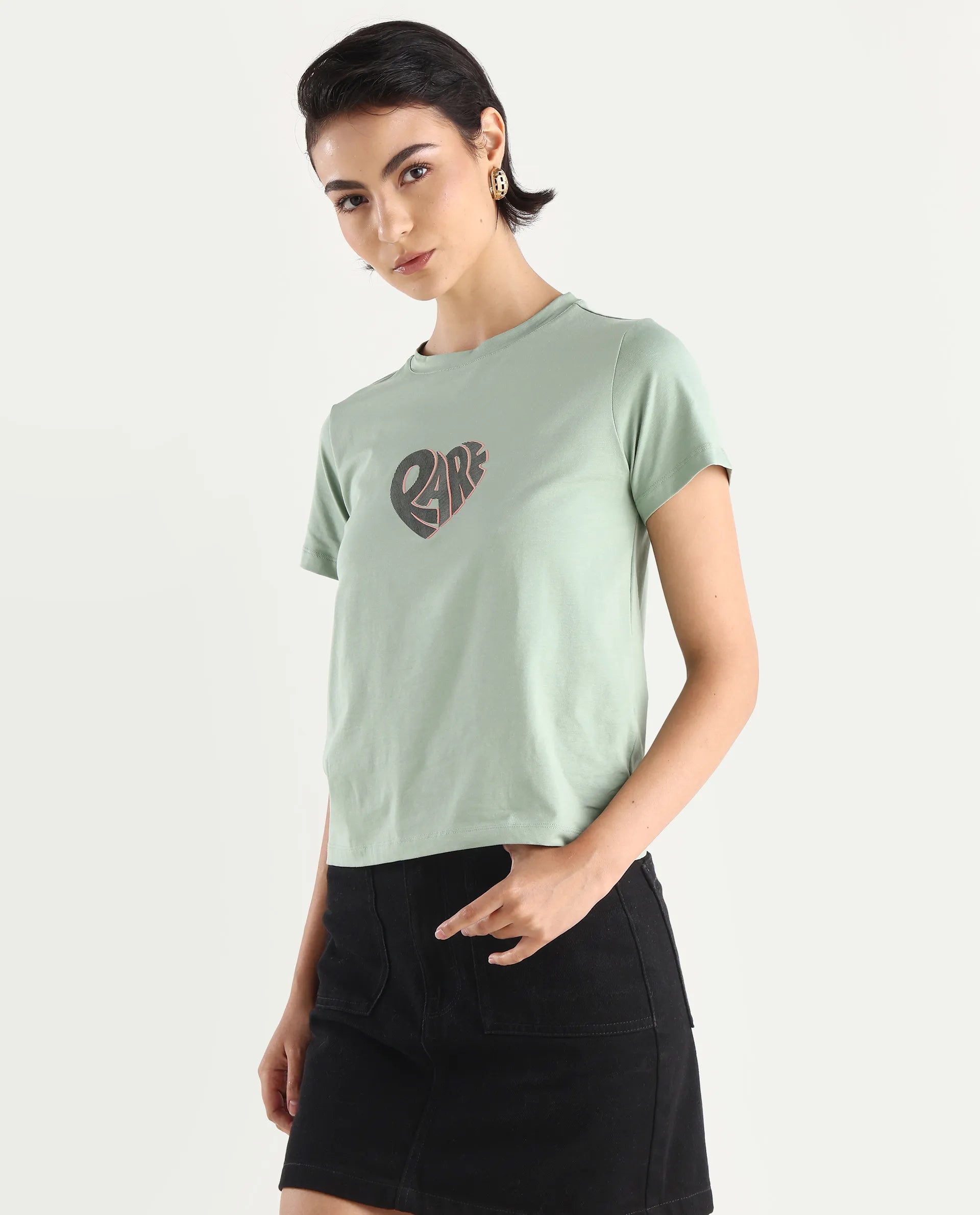 Rareism Women's Ciara Green Cotton Blend Crew Neck Graphic Print Regular Fit T-Shirt