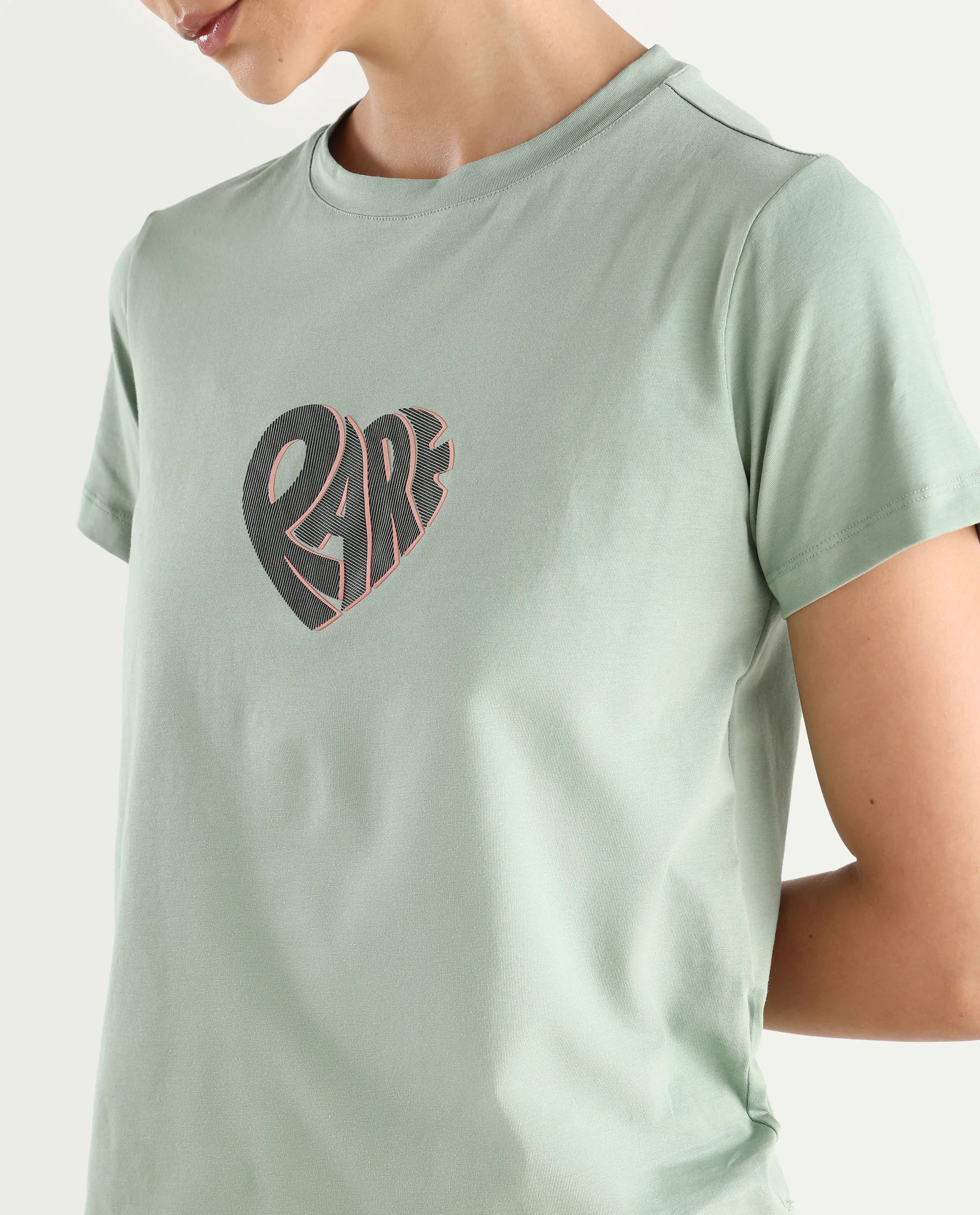 Rareism Women's Ciara Green Cotton Blend Crew Neck Graphic Print Regular Fit T-Shirt