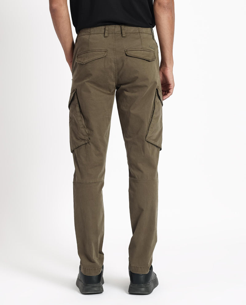 Rare Rabbit Men's Cidar Olive Mid-Rise Regular Fit Cargo Style Stretch Trousers