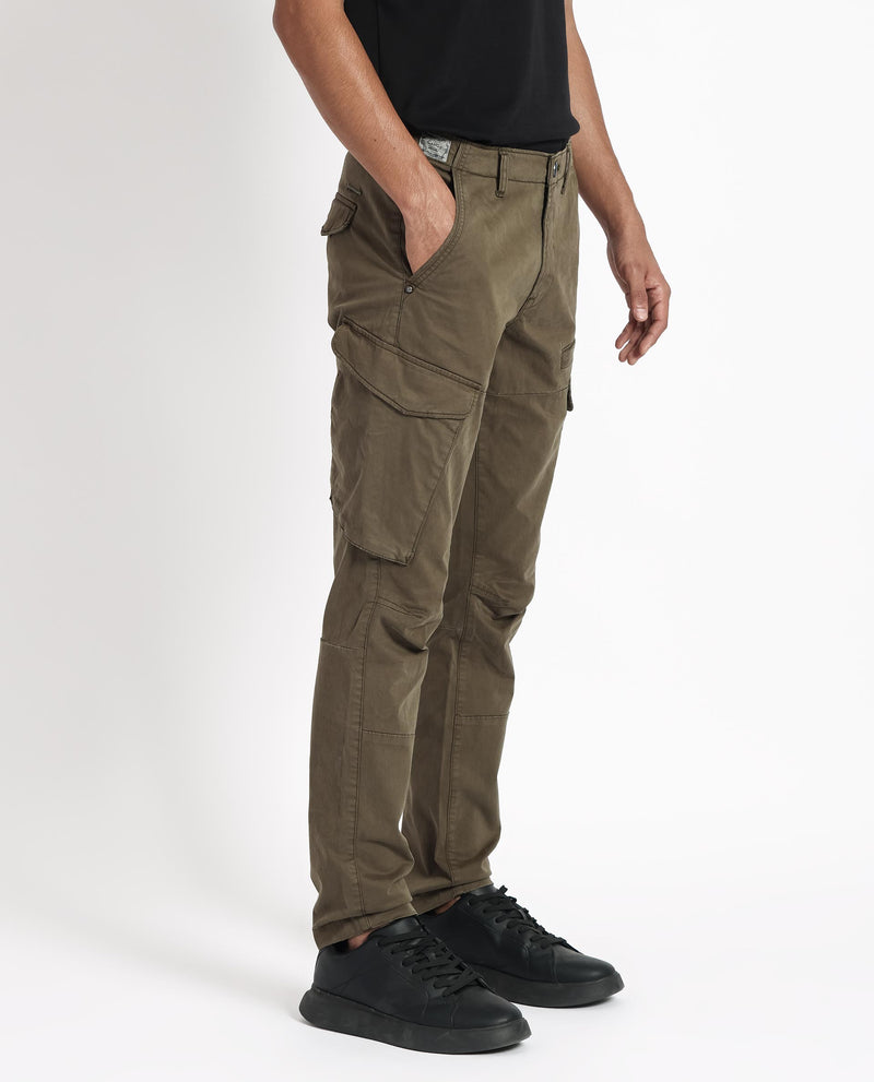 Rare Rabbit Men's Cidar Olive Mid-Rise Regular Fit Cargo Style Stretch Trousers