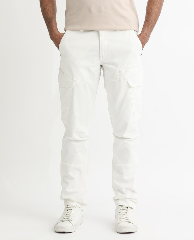 Rare Rabbit Men's Cidar White Mid-Rise Regular Fit Cargo Style Stretch Trouser