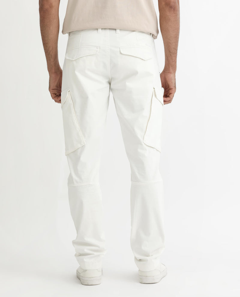Rare Rabbit Men's Cidar White Mid-Rise Regular Fit Cargo Style Stretch Trouser