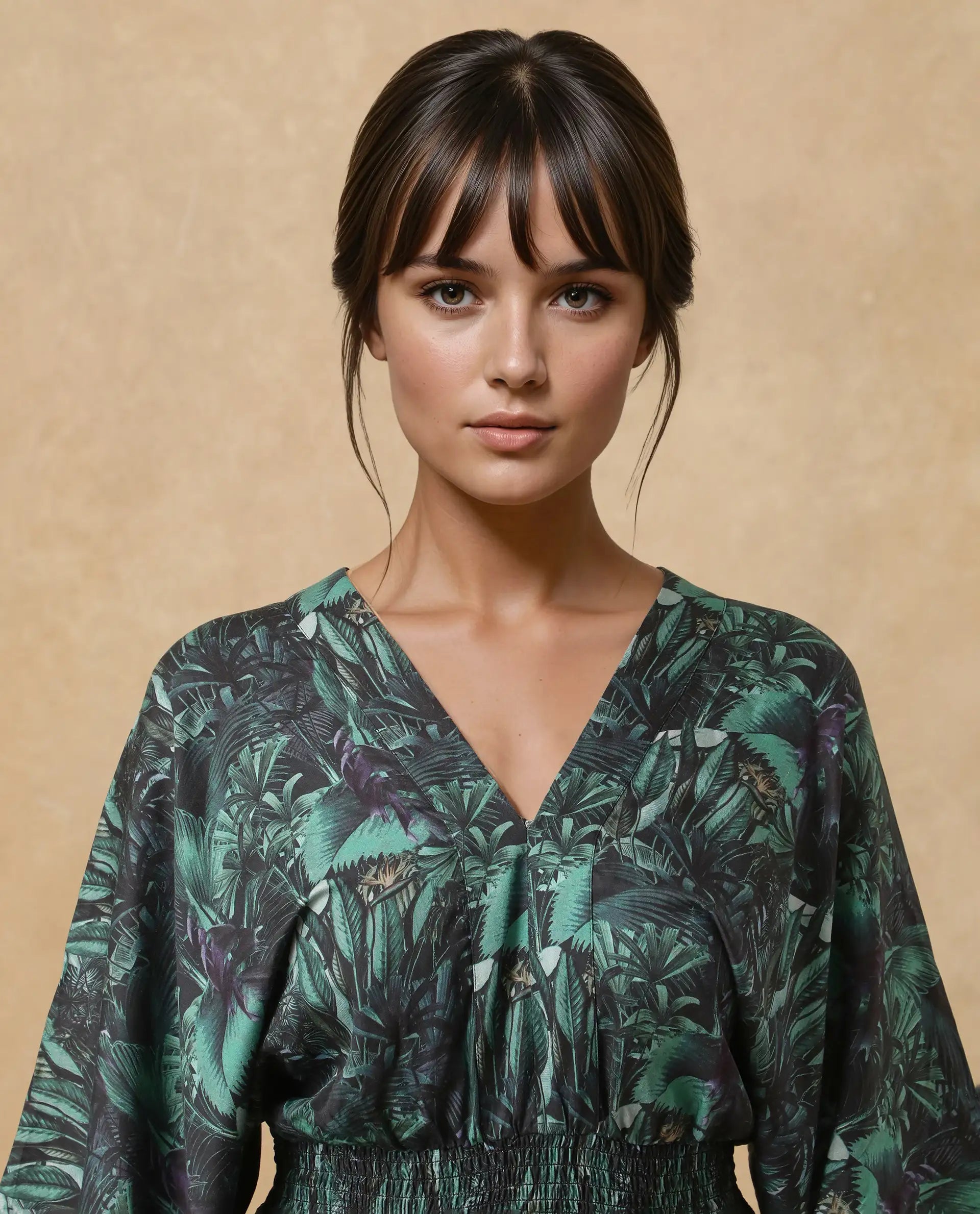 Rareism Women's Cimbo Dark Multi Cotton Blend V-Neck Tropical Print Extended Sleeves Mini Relaxed Fit Playsuit