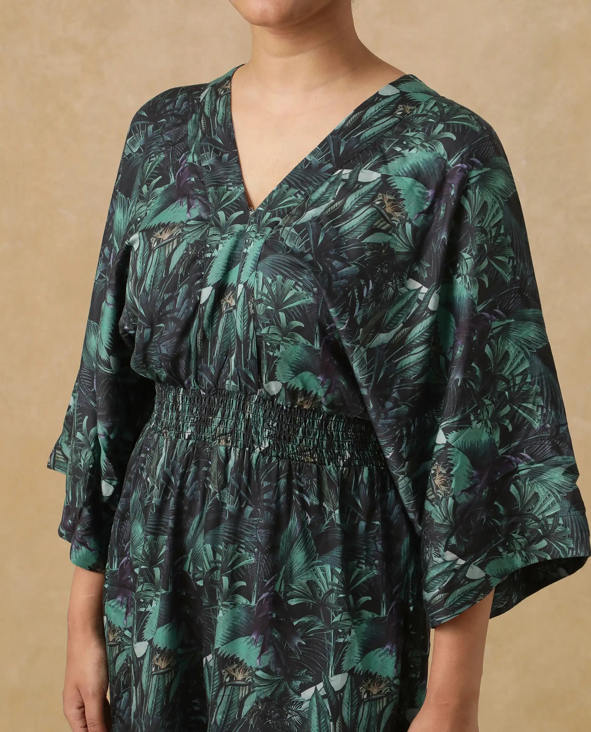 Rareism Women's Cimbo Dark Multi Cotton Blend V-Neck Tropical Print Extended Sleeves Mini Relaxed Fit Playsuit