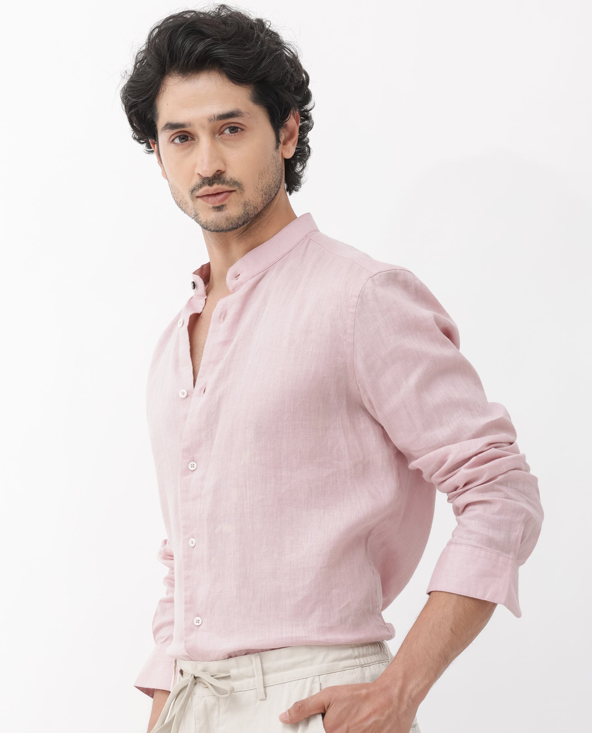 Rare Rabbit Men's Cinex Pastel Pink Full Sleeve Mandarin Collar Solid Linen Shirt