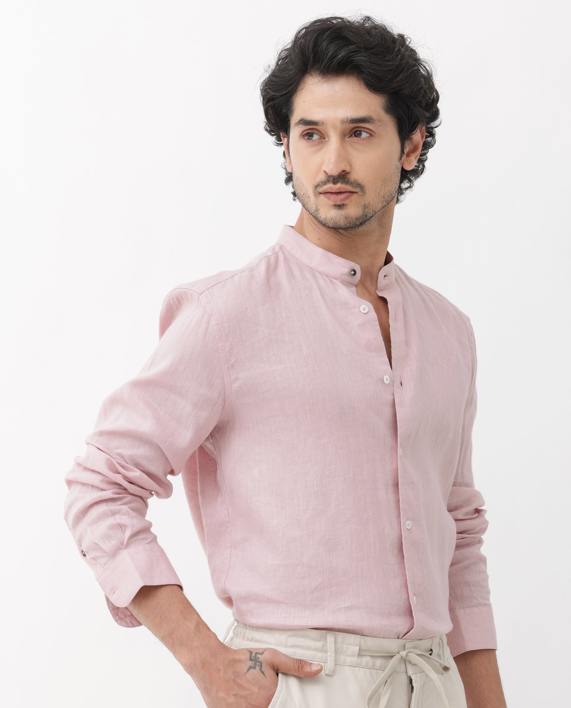 Rare Rabbit Men's Cinex Pastel Pink Full Sleeve Mandarin Collar Solid Linen Shirt