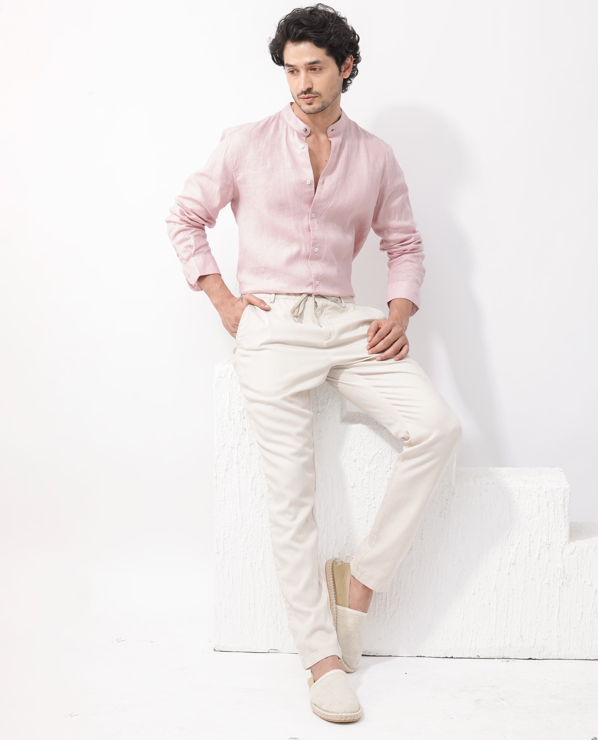 Rare Rabbit Men's Cinex Pastel Pink Full Sleeve Mandarin Collar Solid Linen Shirt